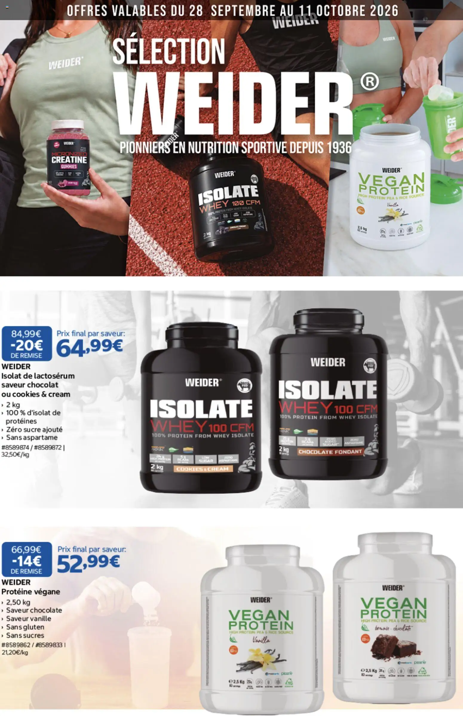 Prévisualisation de Costco Sélection de produits Weider septembre octobre 2026 du magasin Costco formulaire valide 28/09/2026 - Cookies, Chocolat, Protéine, Sucre, Vanille, Créatine