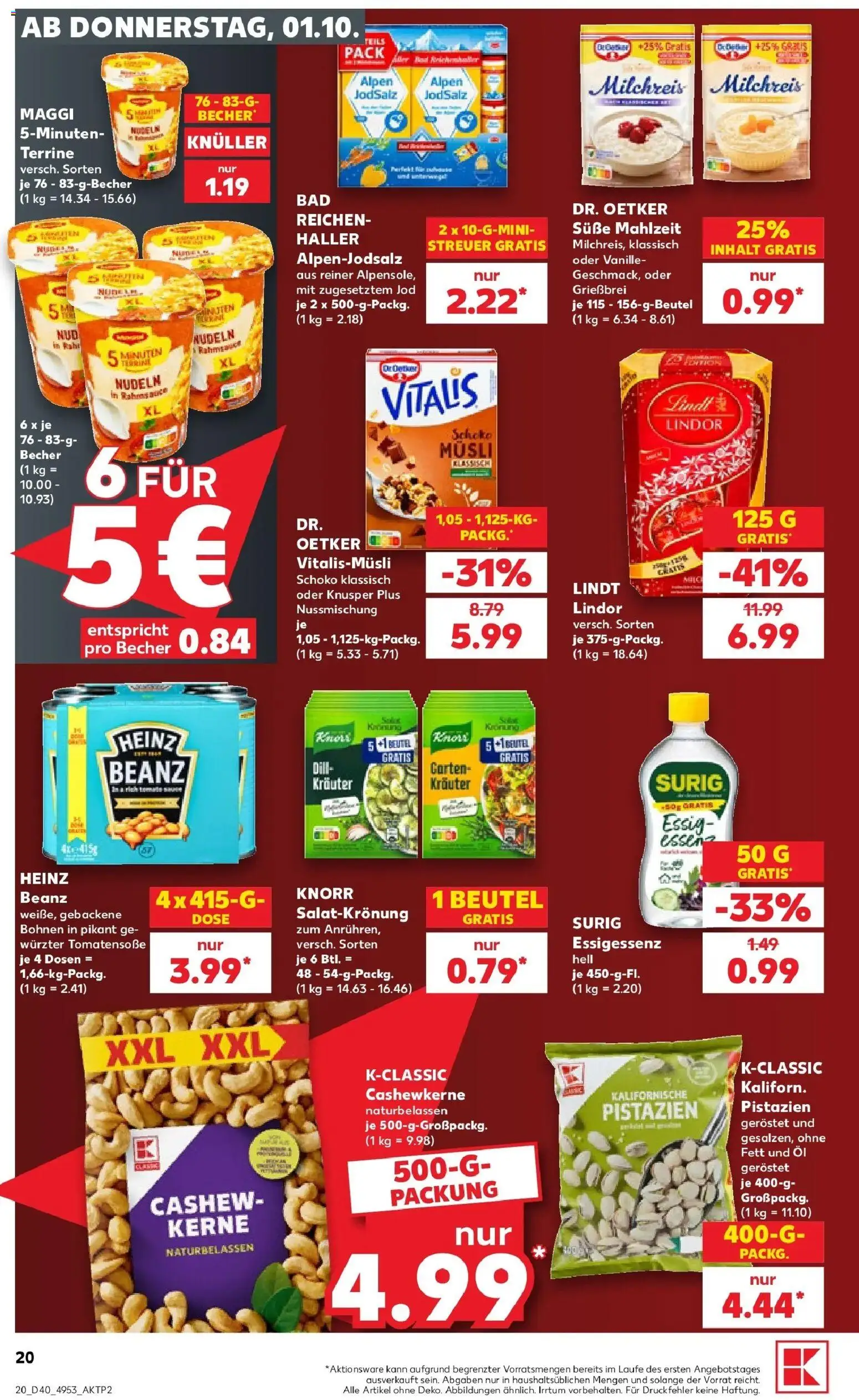 Vorschau von dem Prospekt des Geschäftes Kaufland, gültig ab dem 01.10.2026 - Öl, Nudeln, Dill, Essig, Cashew, Vanille, Knorr, Musli