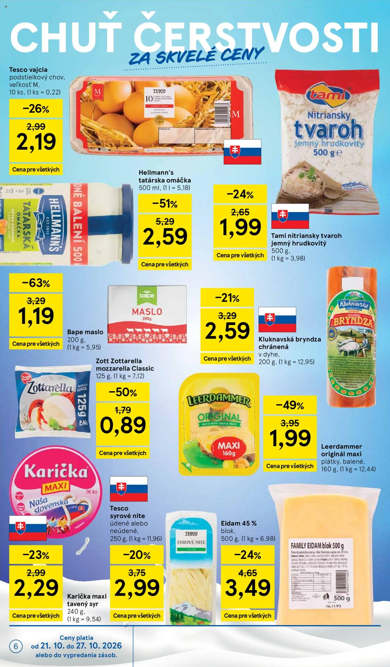 Náhľad Tesco letáku platného od 21.10.2026 - Maslo, Syr, Mozzarella, Vajcia, Tatárska omáčka, Eidam, Tavený syr, Eidam 45%