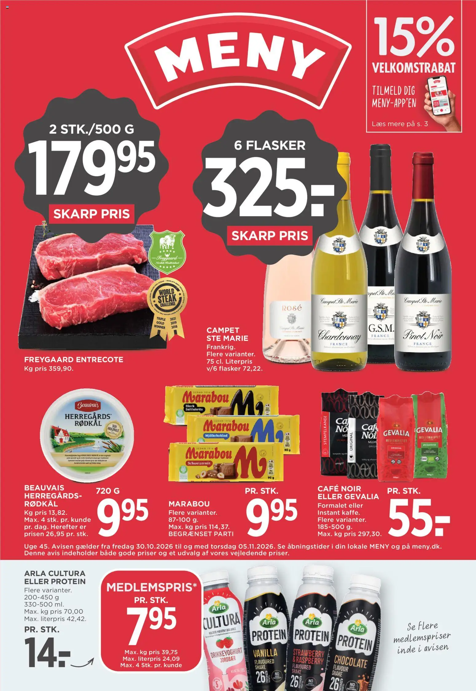 Eksempel på tilbudsavis Meny - Tibudsavis uge 45 fra butik Meny gyldig fra 30/10/2026 - Jordbær, Rødkål, Entrecote, Drikkeyoghurt