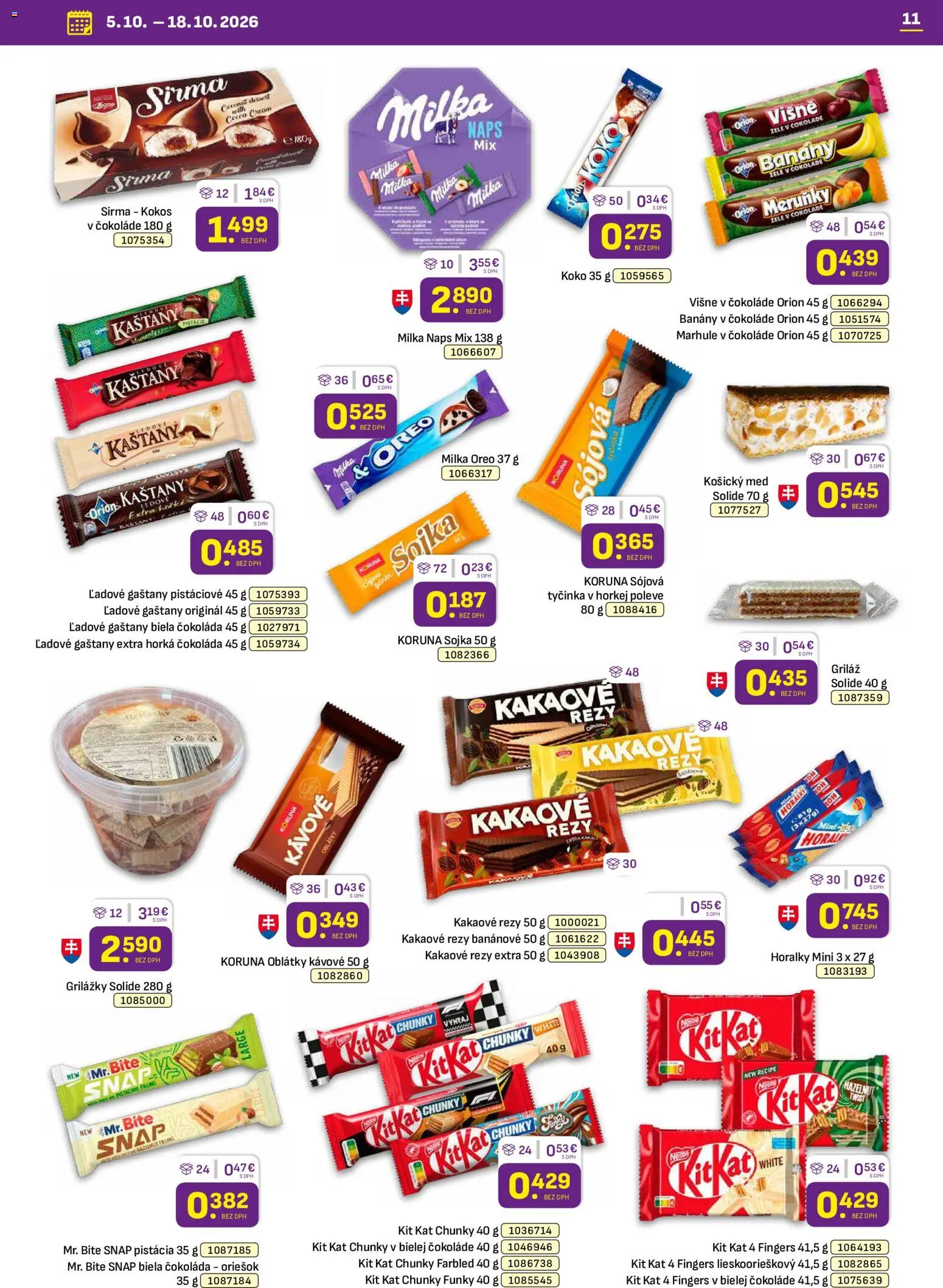 Náhľad Libex letáku platného od 05.10.2026 - Čokoláda, Kokos, Oreo, Marhule, Banány v čokoláde, Oblátky, Gaštany, Horálky