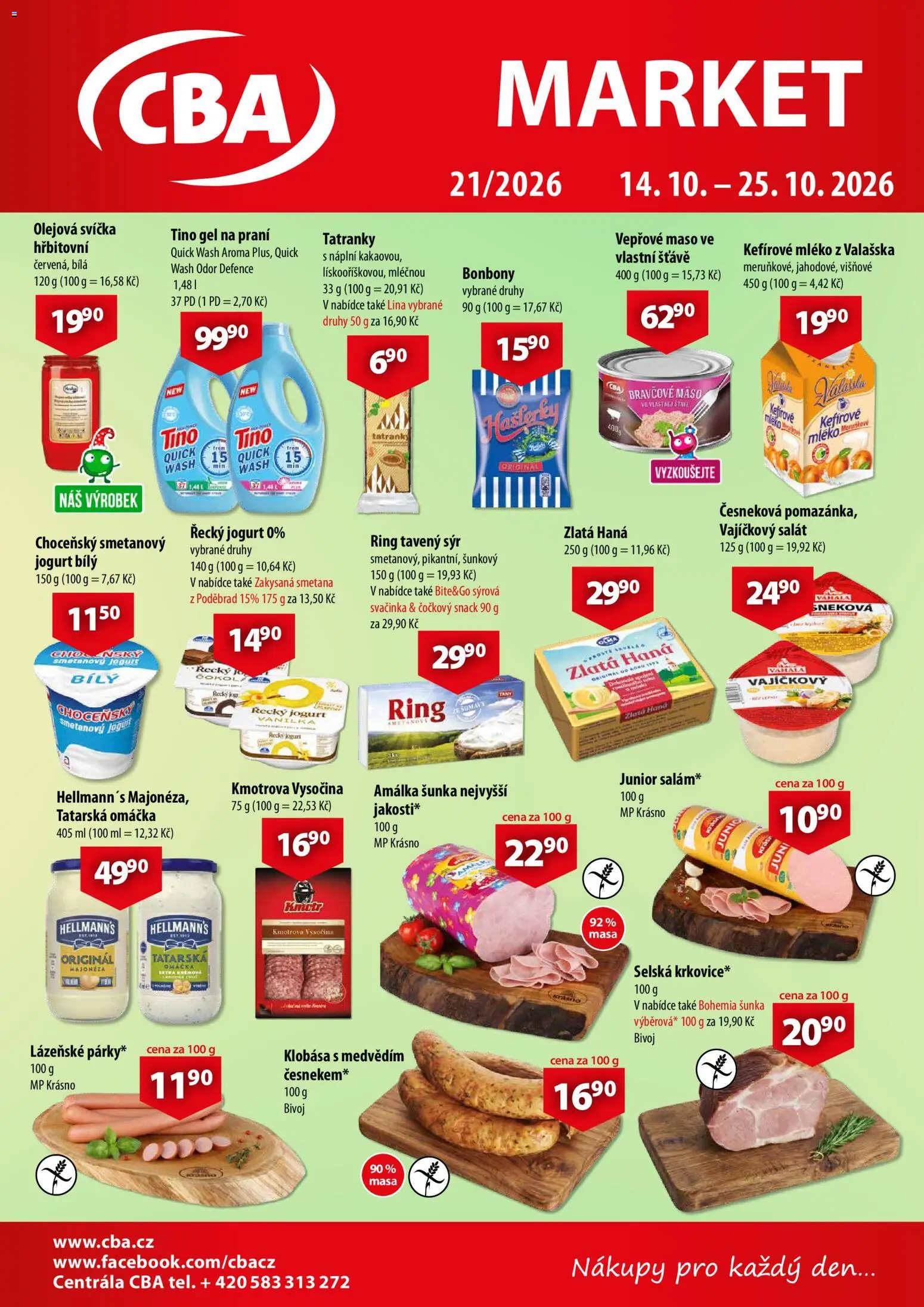 Náhled nabídky: CBA CBA leták - Market platný od 14.10.2026 - Vepřové maso, Zakysaná smetana, Šunka, Klobása, Lina, Kefírové mléko, Bonbóny, Hellmann's