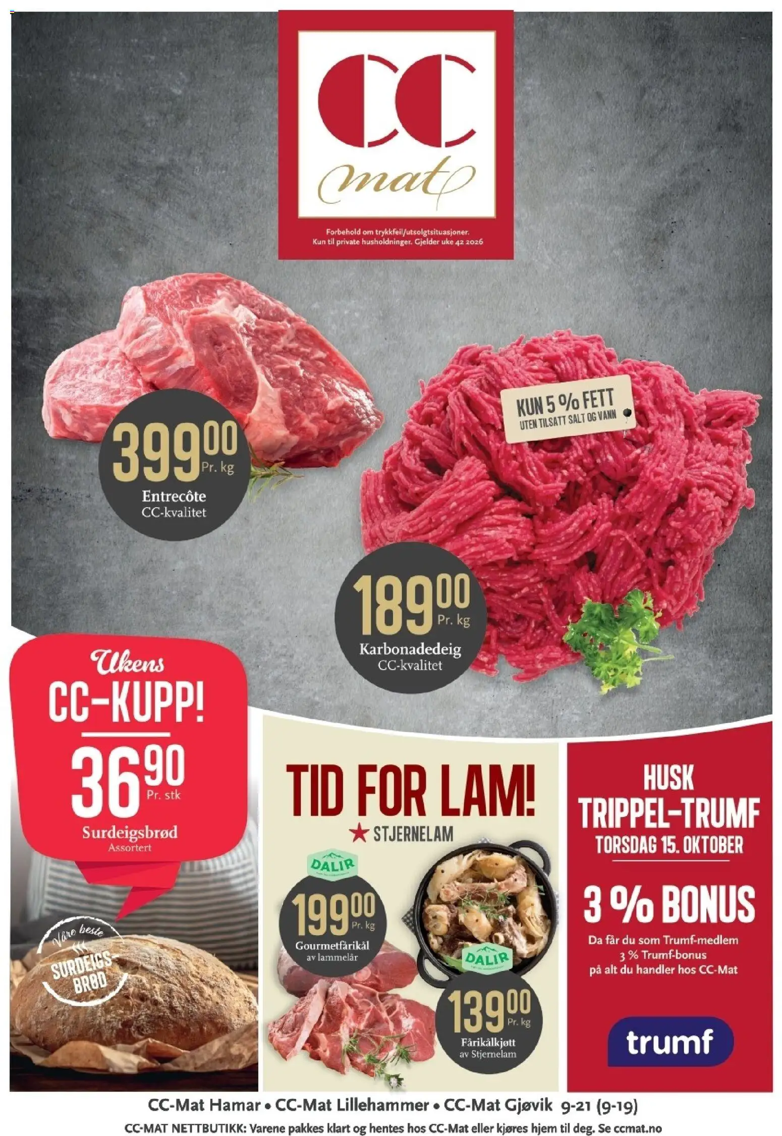 Forhåndsvis CC Mat kundeavis fra butikk CC Mat gyldig fra 12/10/2026 - Husk, Surdeigsbrød, Brød, Karbonadedeig, Lammelår, Fårikålkjøtt, Salt, Vann