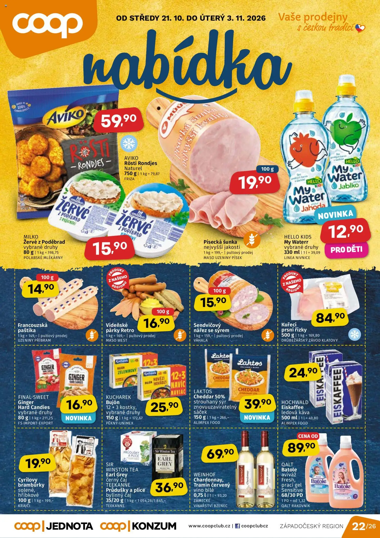 Náhled nabídky: Coop Coop leták - Západočeský region platný od 21.10.2026 - Káva, Víno, Cheddar, Tramín červený, Bramburky, Paštika, Teekanne, Sáček