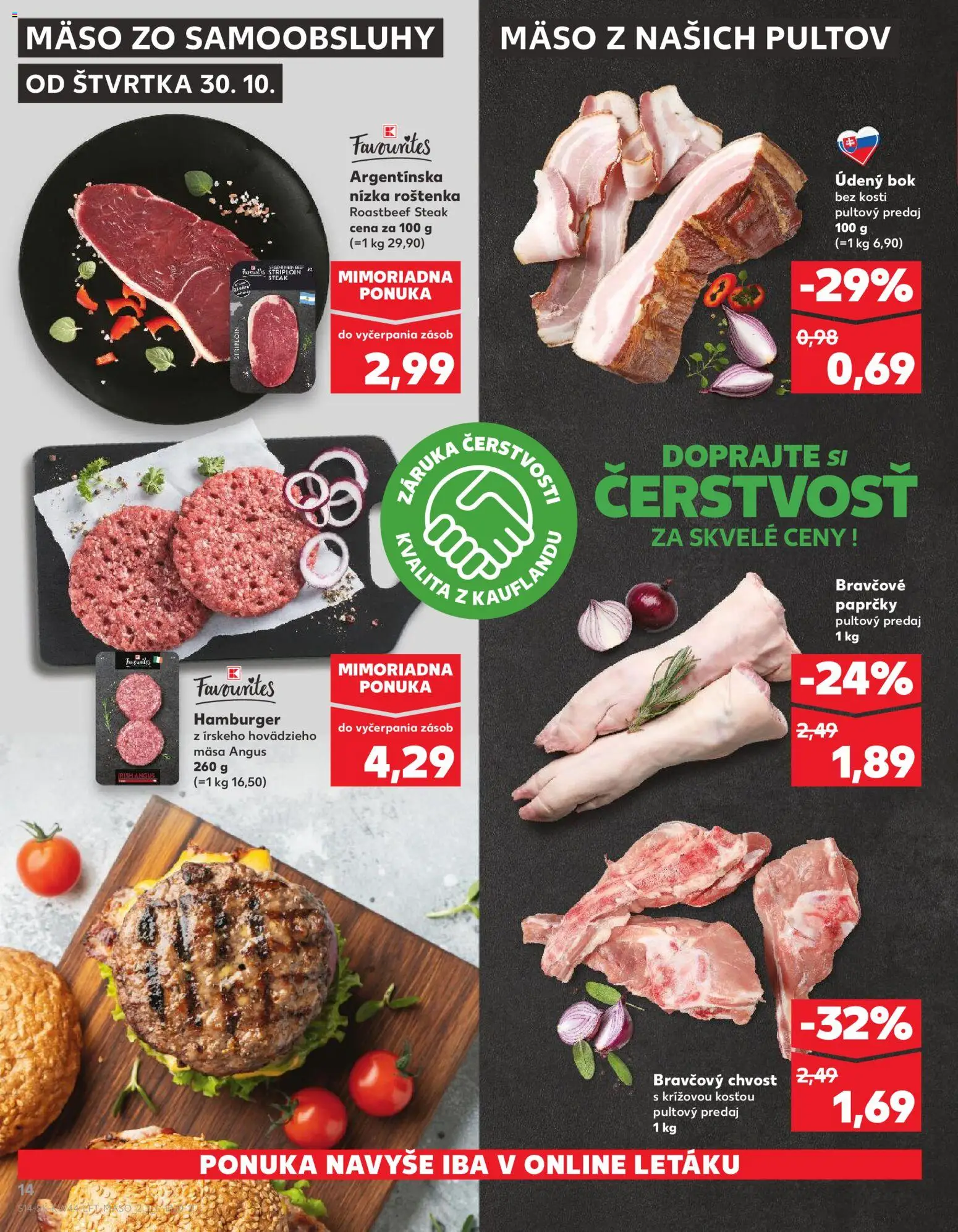 Náhľad Kaufland letáku platného od 30.10.2025 - Mäso, Steak, Roštenka, Bok bez kosti