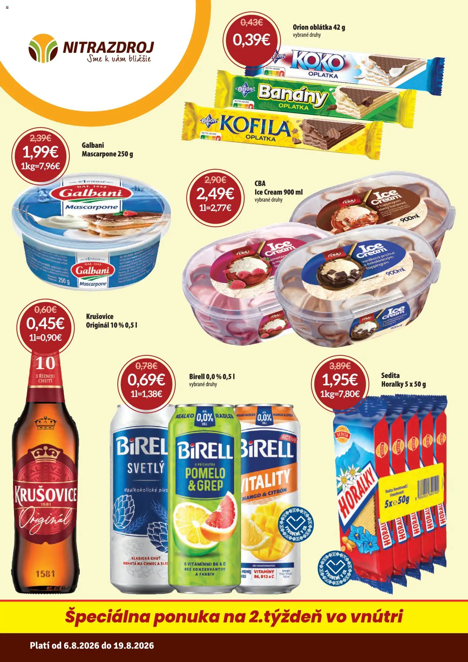 Náhľad Nitrazdroj letáku platného od 06.08.2026 - Mango, Pivo, Mascarpone, Birell, Krušovice, Grep, Banány, Nealkoholické pivo