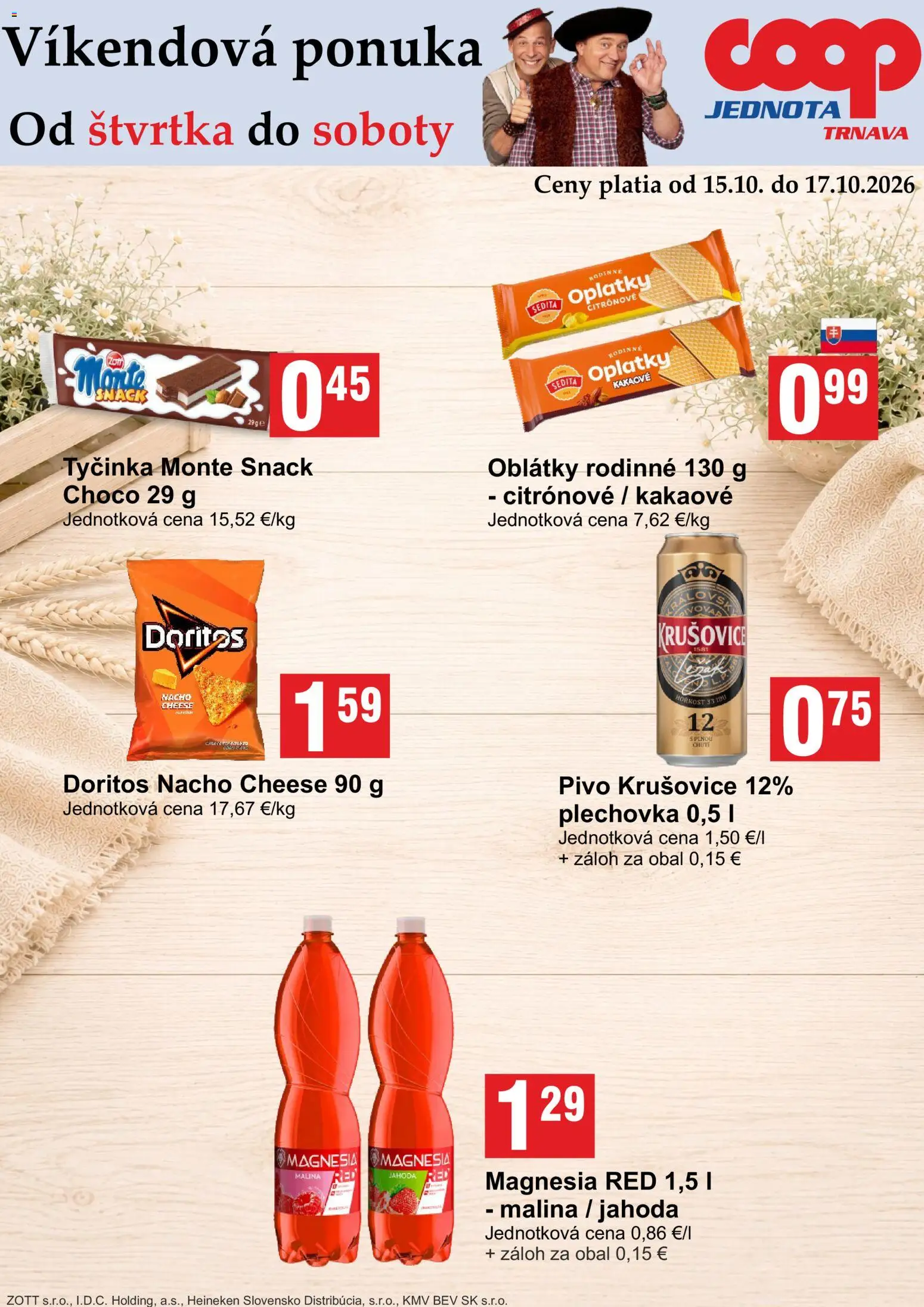 Náhľad COOP Jednota letáku platného od 15.10.2026 - Pivo, Heineken, Krušovice, Magnesia, Oblátky