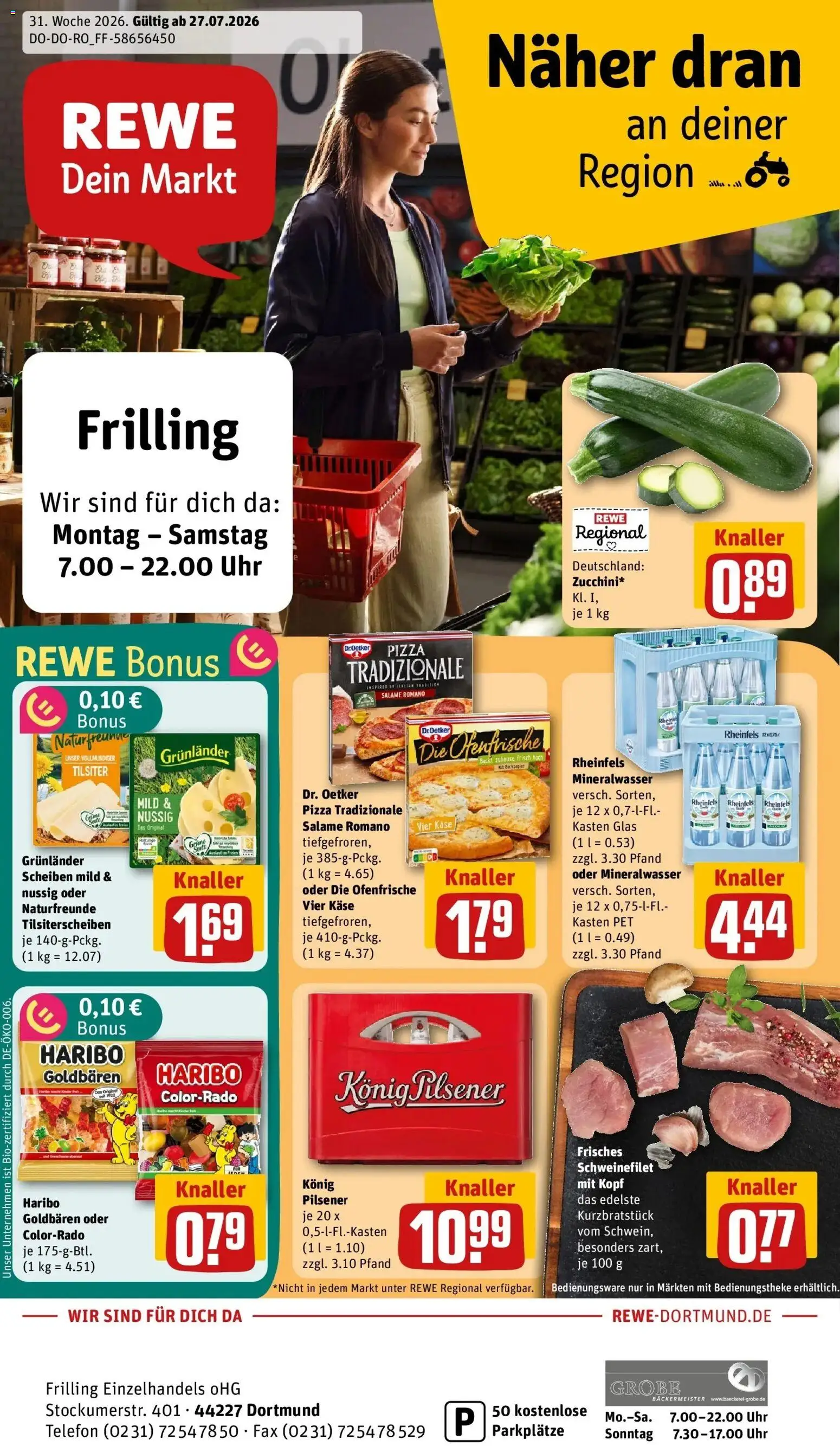 Vorschau von dem Prospekt des Geschäftes Rewe, gültig ab dem 27.07.2026 - Pizza, Telefon, Käse, Haribo, Mineralwasser, Schweinefilet, Ofenfrische, Grunlander