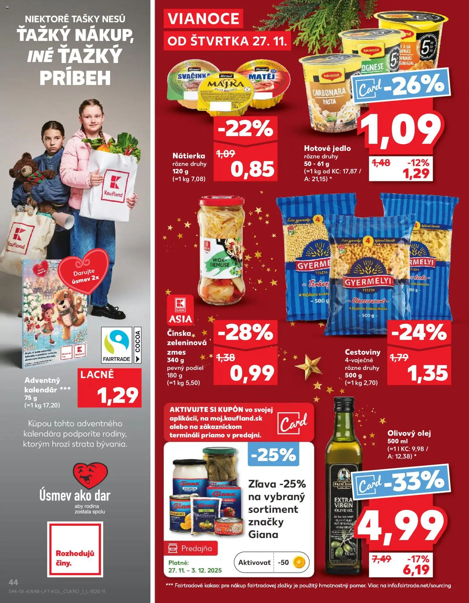Náhľad Kaufland letáku platného od 27.11.2025 - Cestoviny, Adventný kalendár, Olej, Olivový olej, Kakao, Nátierka