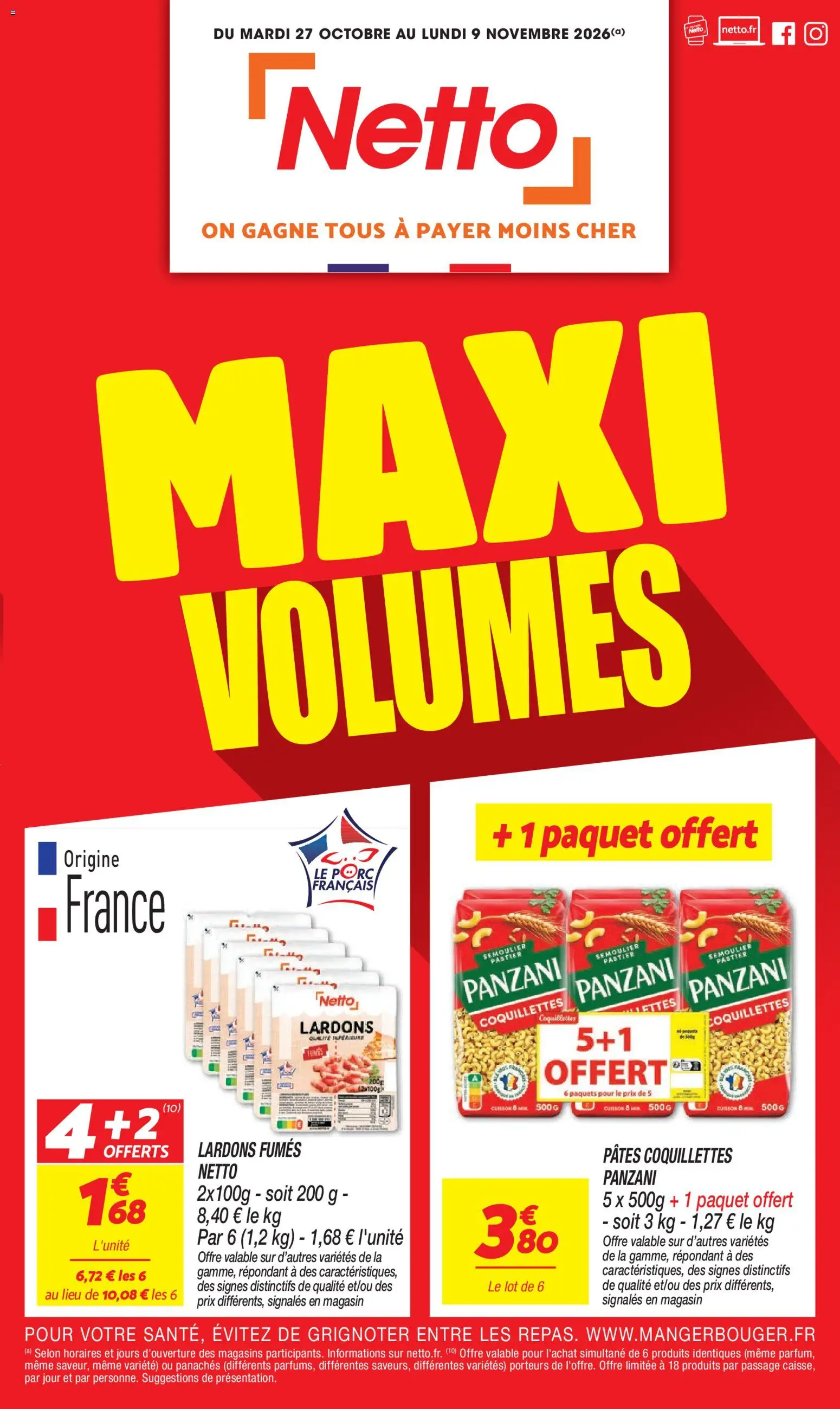 Prévisualisation de Netto catalogue du magasin Netto formulaire valide 27/10/2026 - Pâtes, Lardons, Porc, Coquillettes