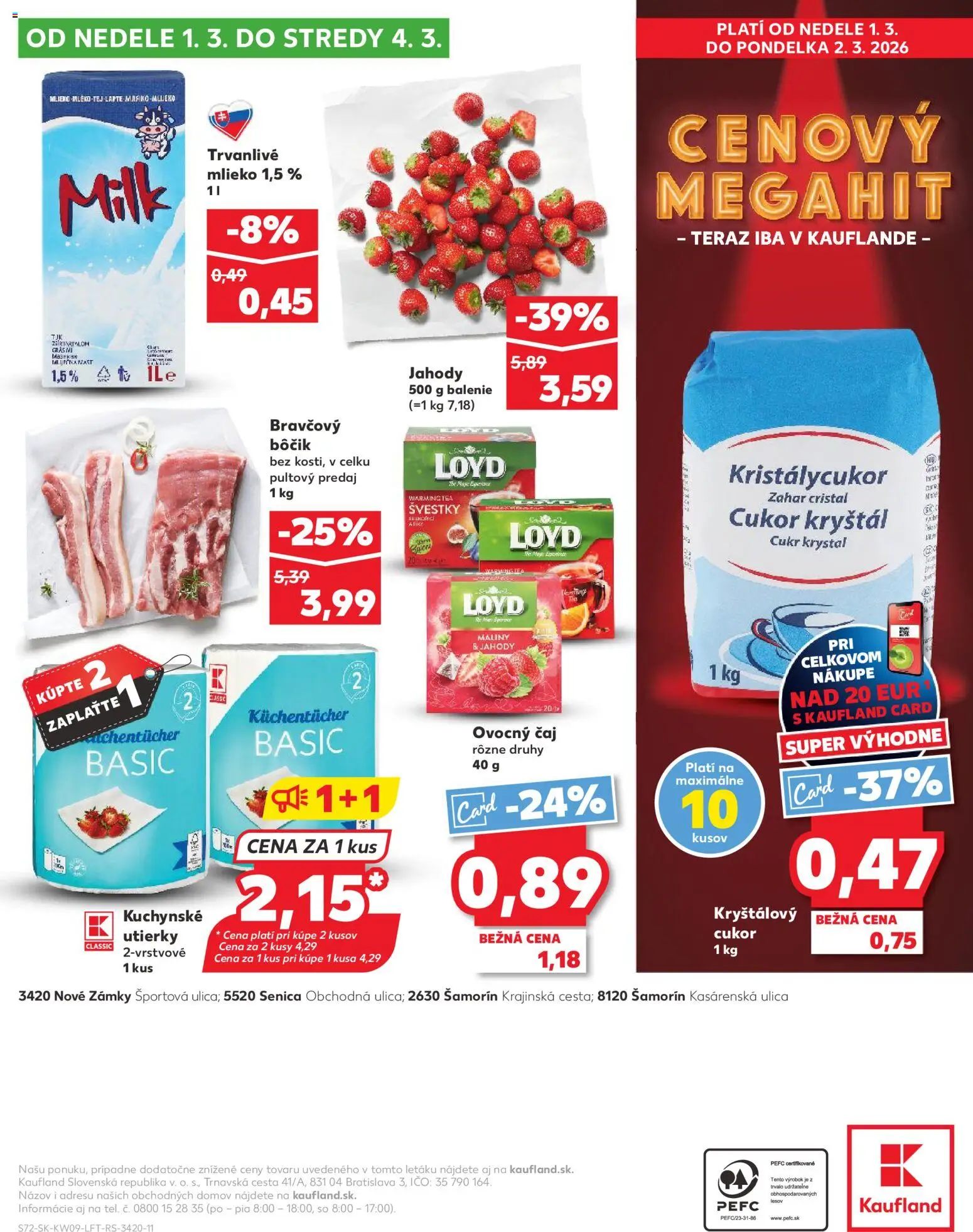 Náhľad Kaufland letáku platného od 26.02.2026 - Mlieko, Čaj, Cukor, Maliny, Bôčik, Ovocný čaj, Trvanlivé mlieko, Cukor kryštál