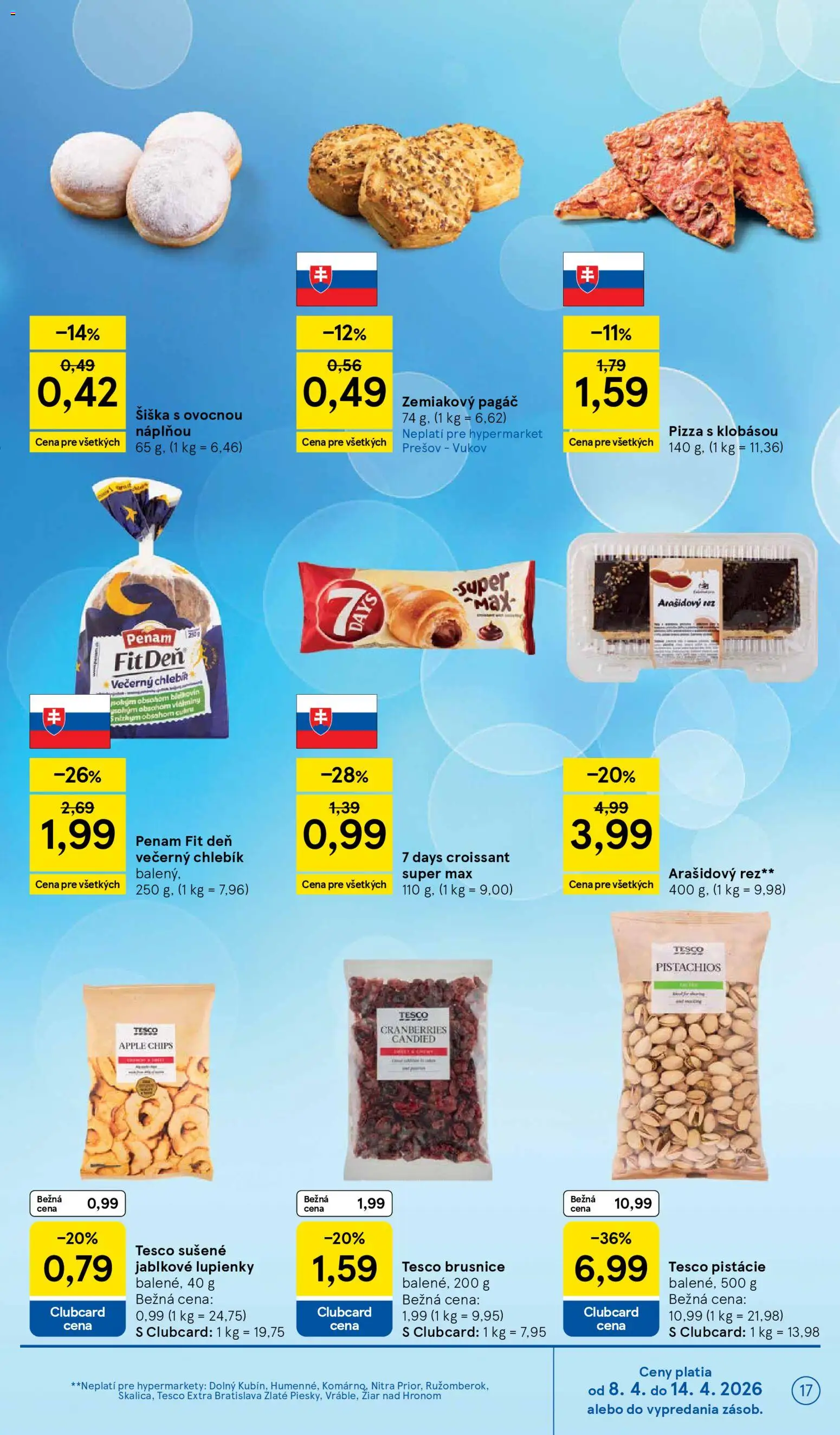Náhľad Tesco letáku platného od 08.04.2026 - Pizza, Apple, Croissant, Brusnice, Šiška, Pistácie