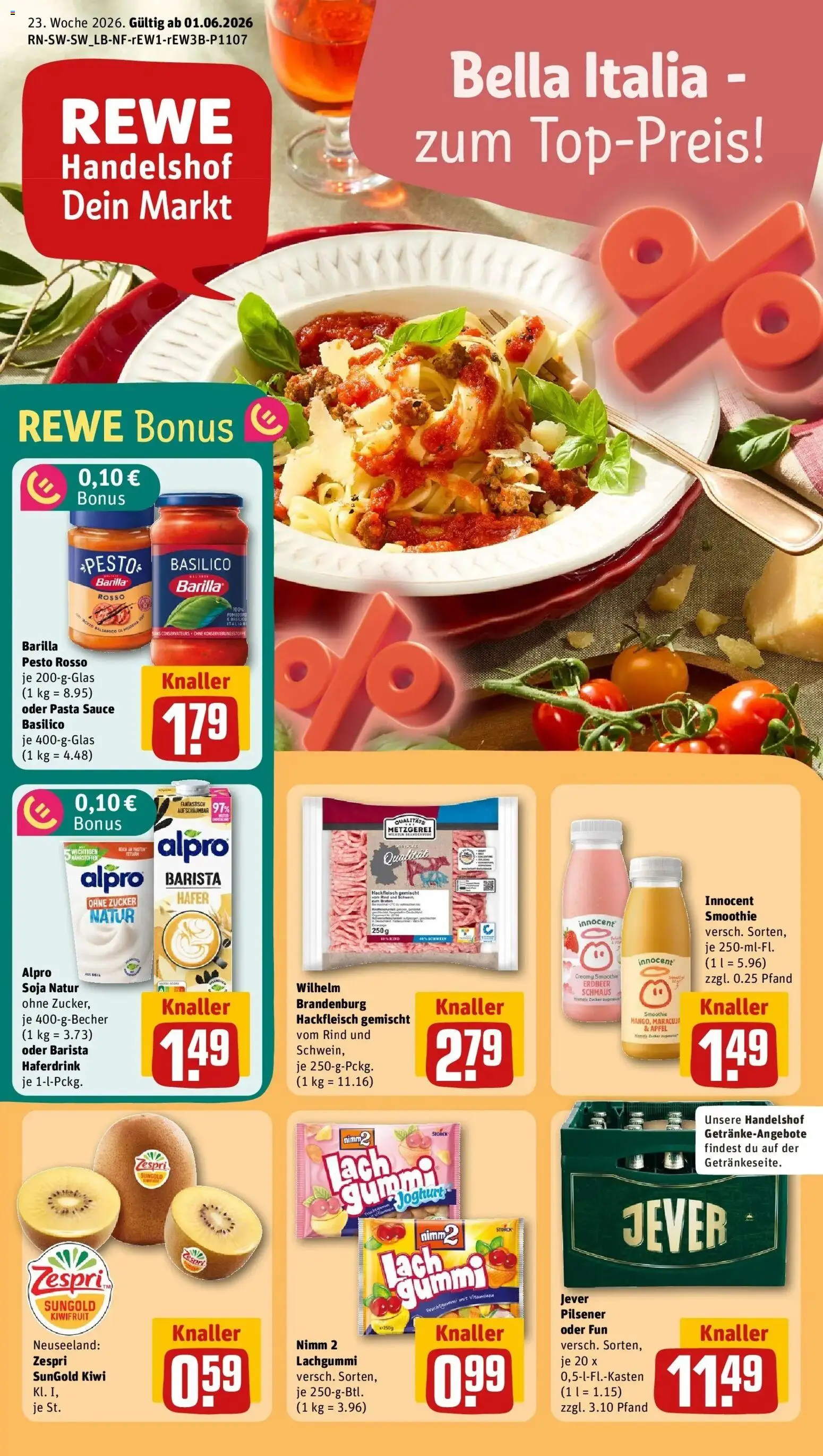 Vorschau von dem Prospekt des Geschäftes Rewe, gültig ab dem 01.06.2026 - Pasta, Kiwi, Hackfleisch, Zucker, Barilla, Barilla pesto, Alpro, Haferdrink