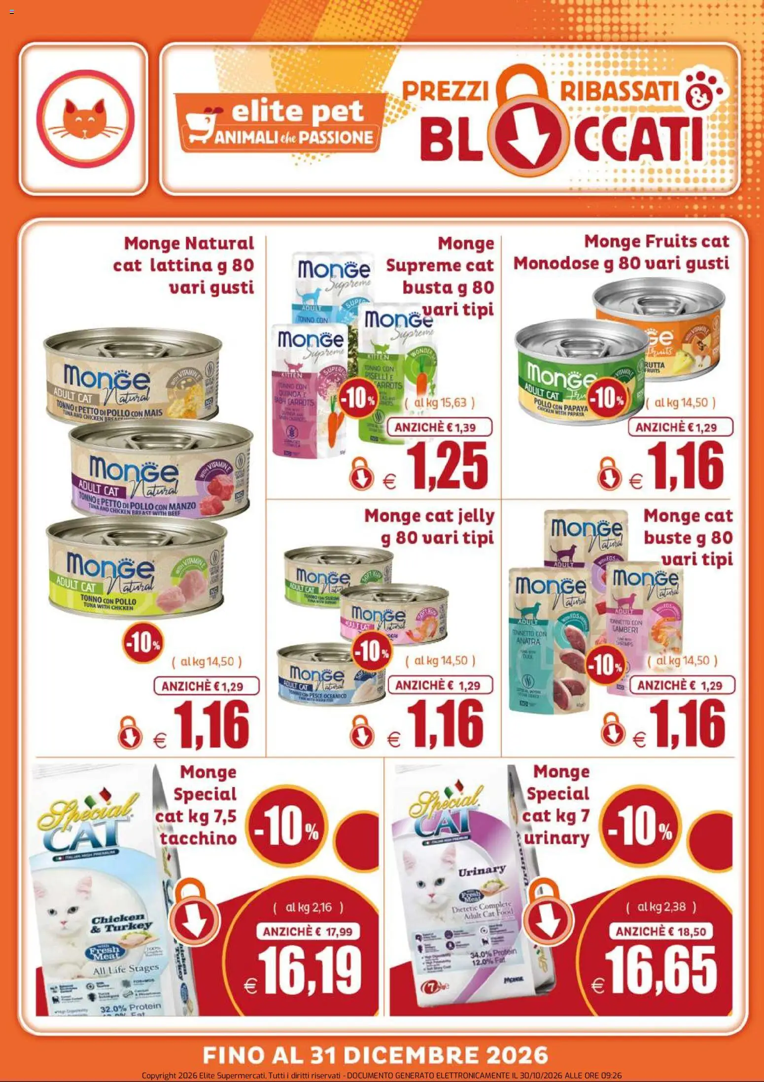 Anteprima dell'opuscolo Elite Supermercati volantino Pet Prezzi ribassati & bloccati dal negozio Elite Supermercati valido da 30/10/2026 - Pesce, Quinoa, Pollo, Tacchino, Tonno, Anatra, Manzo, Mais