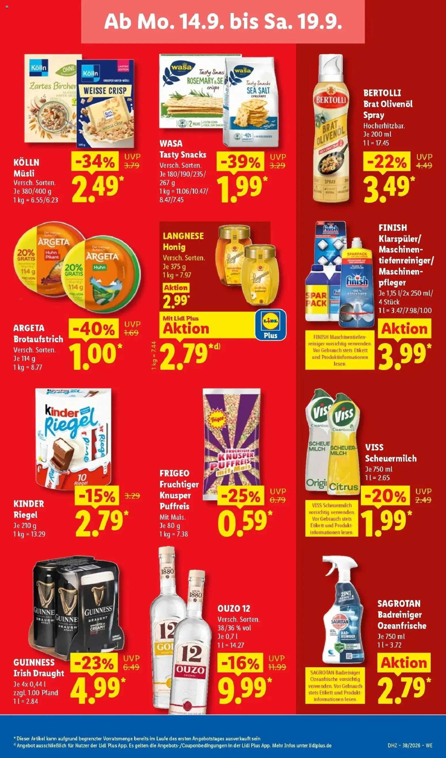 Vorschau von dem Prospekt des Geschäftes Lidl, gültig ab dem 14.09.2026 - Milch, Ouzo, Langnese, Finish, Ouzo 12, Kolln, Musli, Kolln musli
