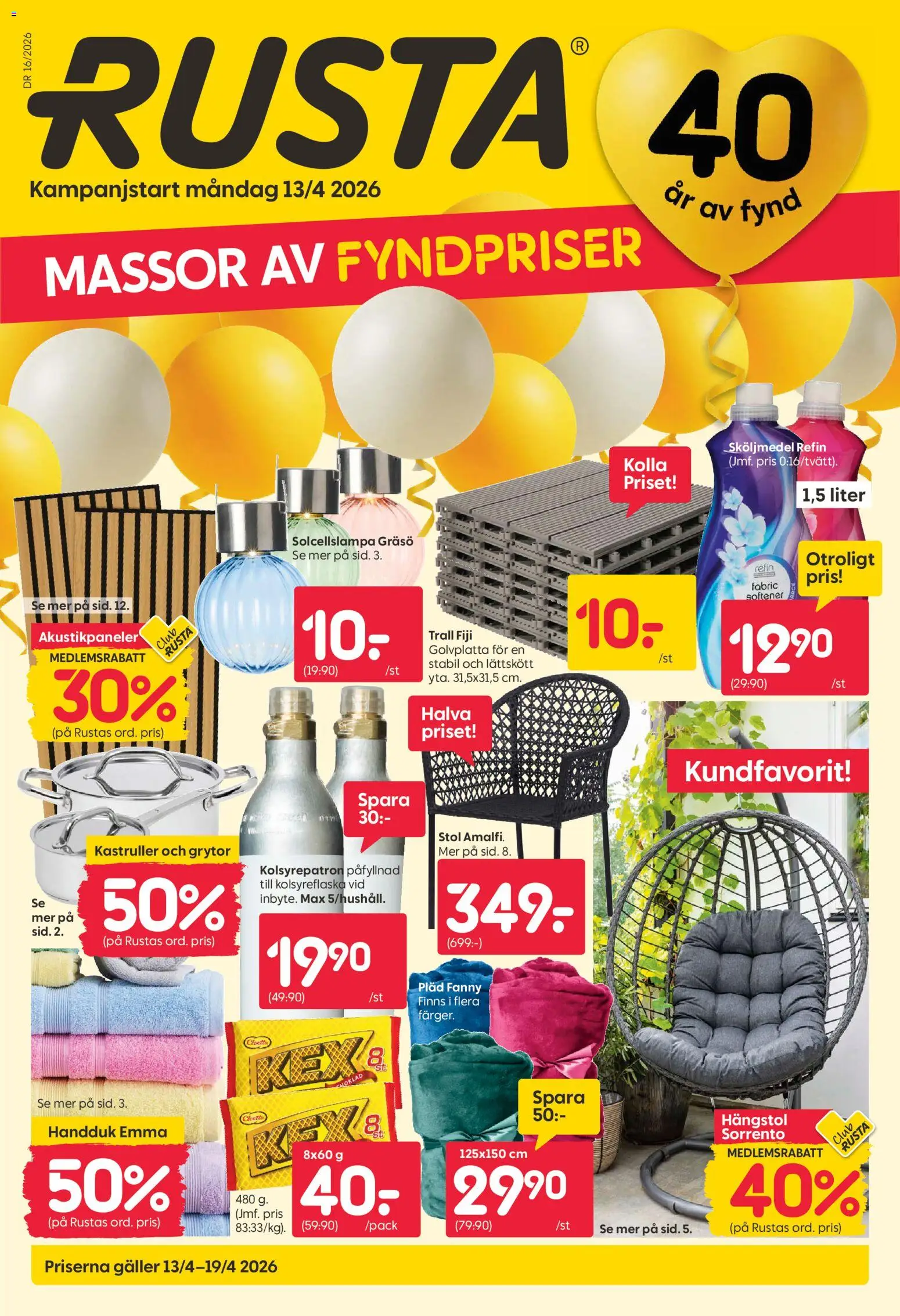 Förhandsgranska reklamblad Rusta erbjudanden från butik Rusta gäller från 13/04/2026 - Hängstol, Stol, Kolsyrepatron, Pläd, Sköljmedel, Galler, Handduk
