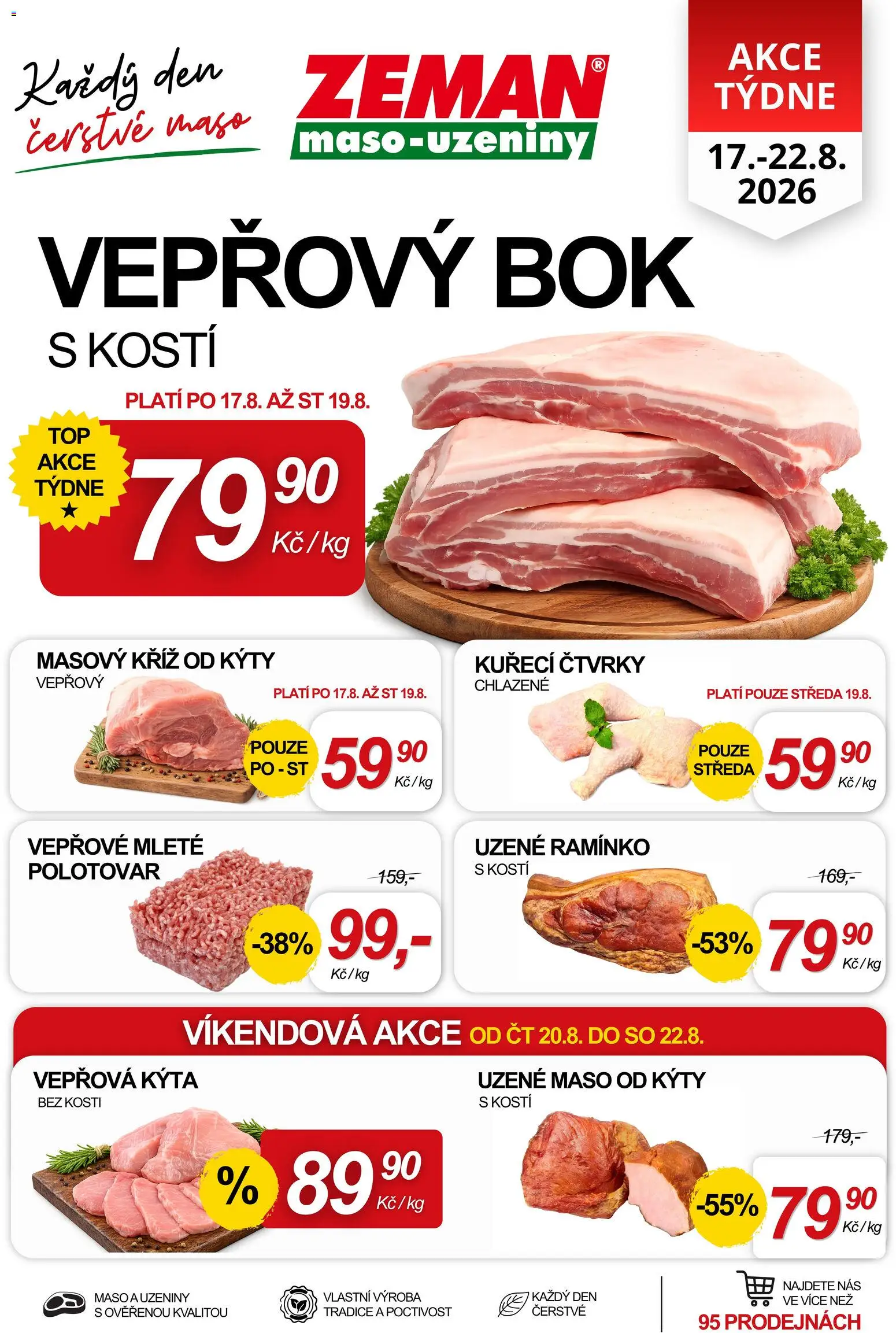 Náhled nabídky: Prodejny Zeman Prodejny Zeman leták - Akce týdne platný od 17.08.2026 - Maso, Vepřová Kýta, Kýta, Uzené maso, Vepřový bok, Uzeniny