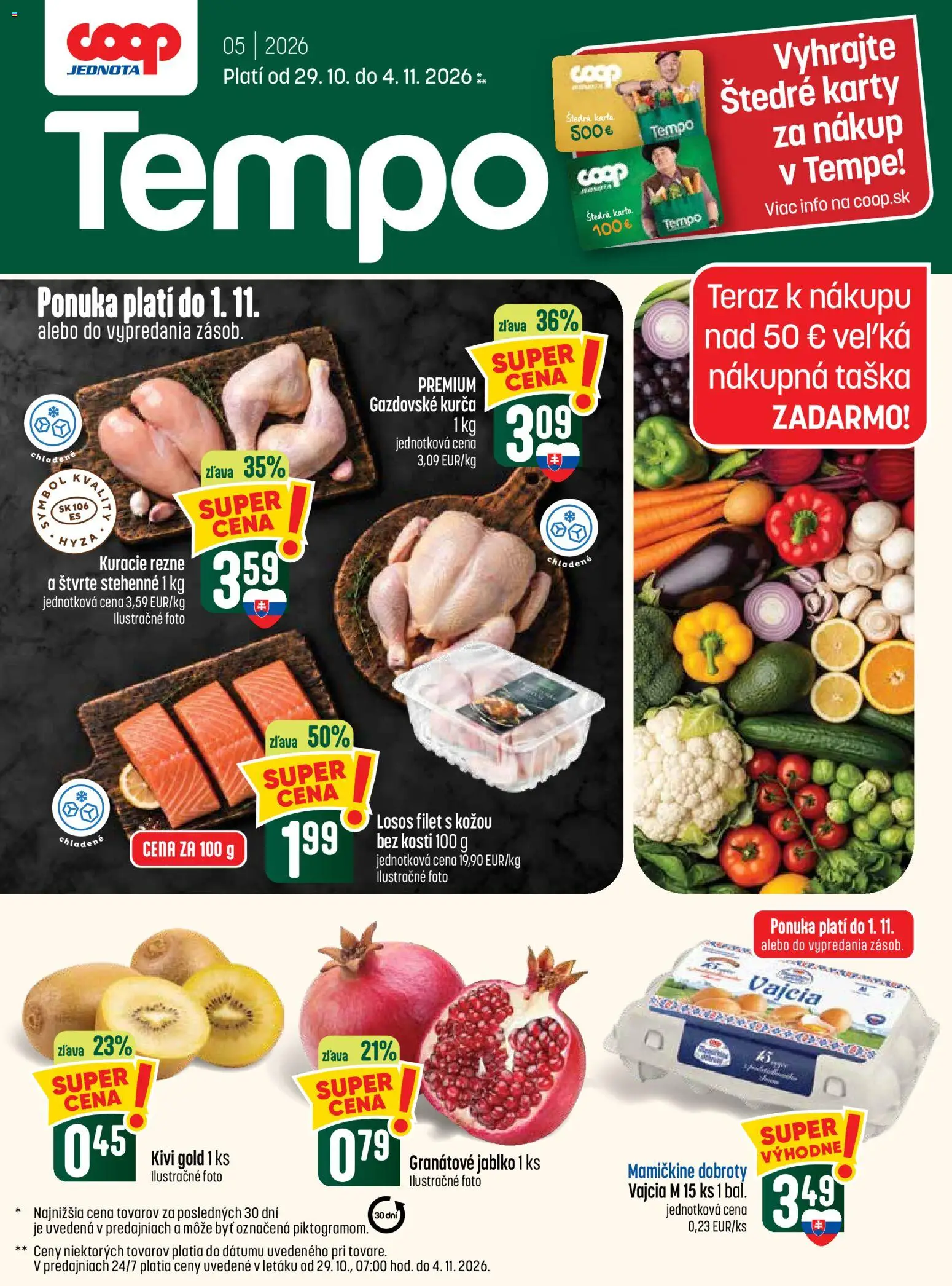 Náhľad COOP Jednota letáku platného od 29.10.2026 - Losos, Vajcia, Kuracie rezne, Taška, Rezne, Granátové jablko, Kurča, Vajcia M