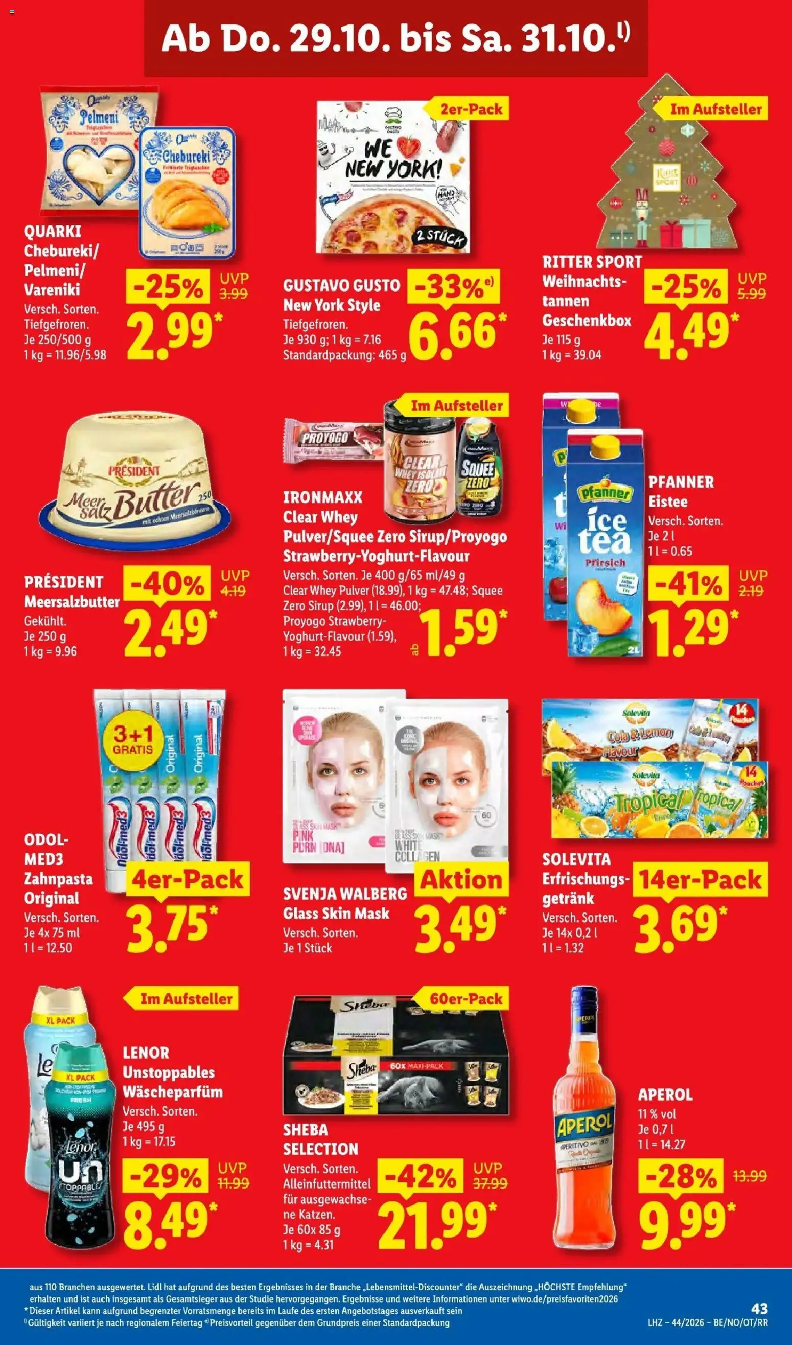 Vorschau von dem Prospekt des Geschäftes Lidl, gültig ab dem 26.10.2026 - Pizza, Butter, Aperol, Ritter sport, Gustavo gusto, Zahnpasta, Lenor, Sheba