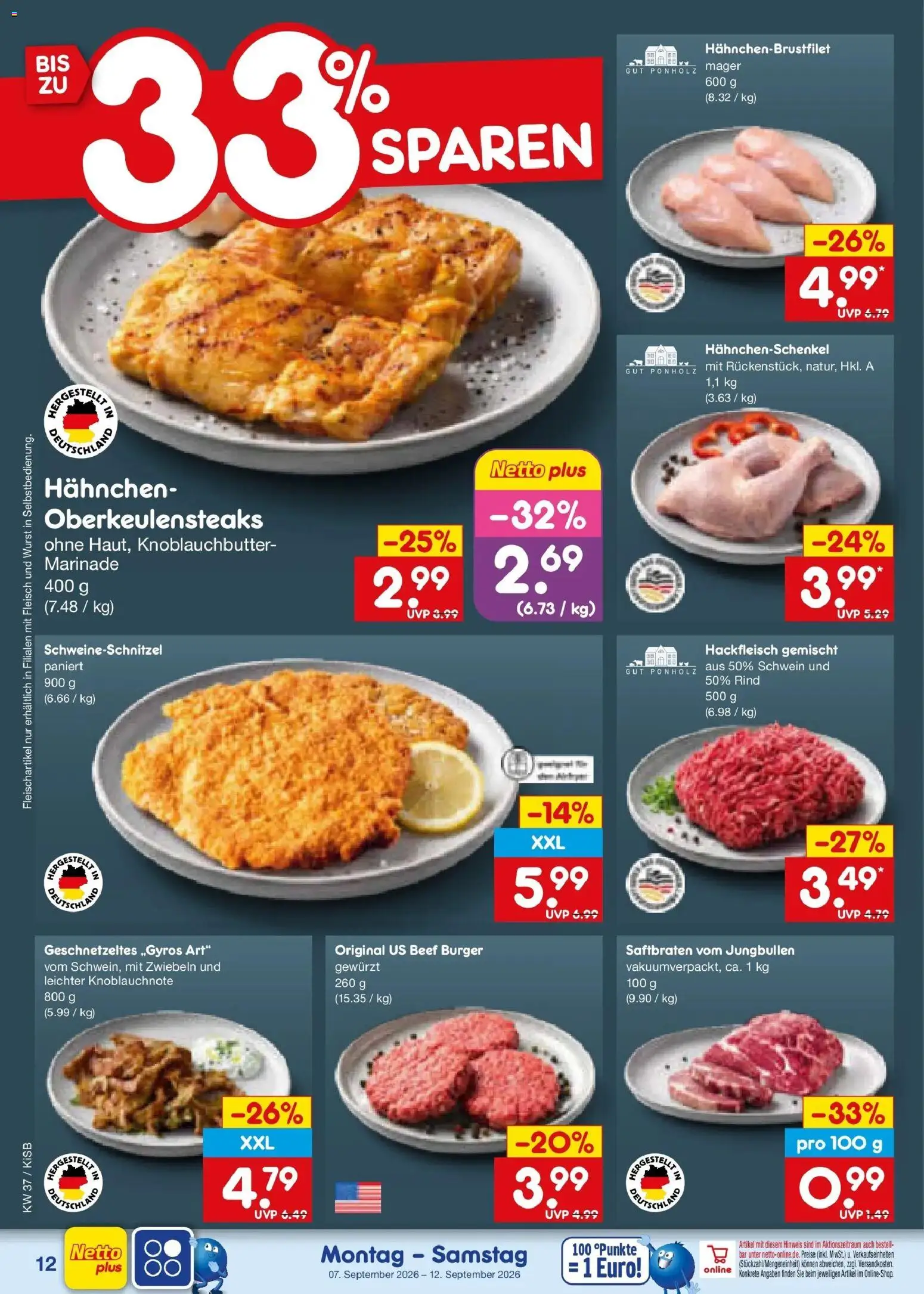 Vorschau von dem Prospekt des Geschäftes Netto Marken-Discount, gültig ab dem 07.09.2026 - Burger, Wurst, Fleisch, Hackfleisch, Hahnchenschenkel, Zwiebeln, Hahnchen