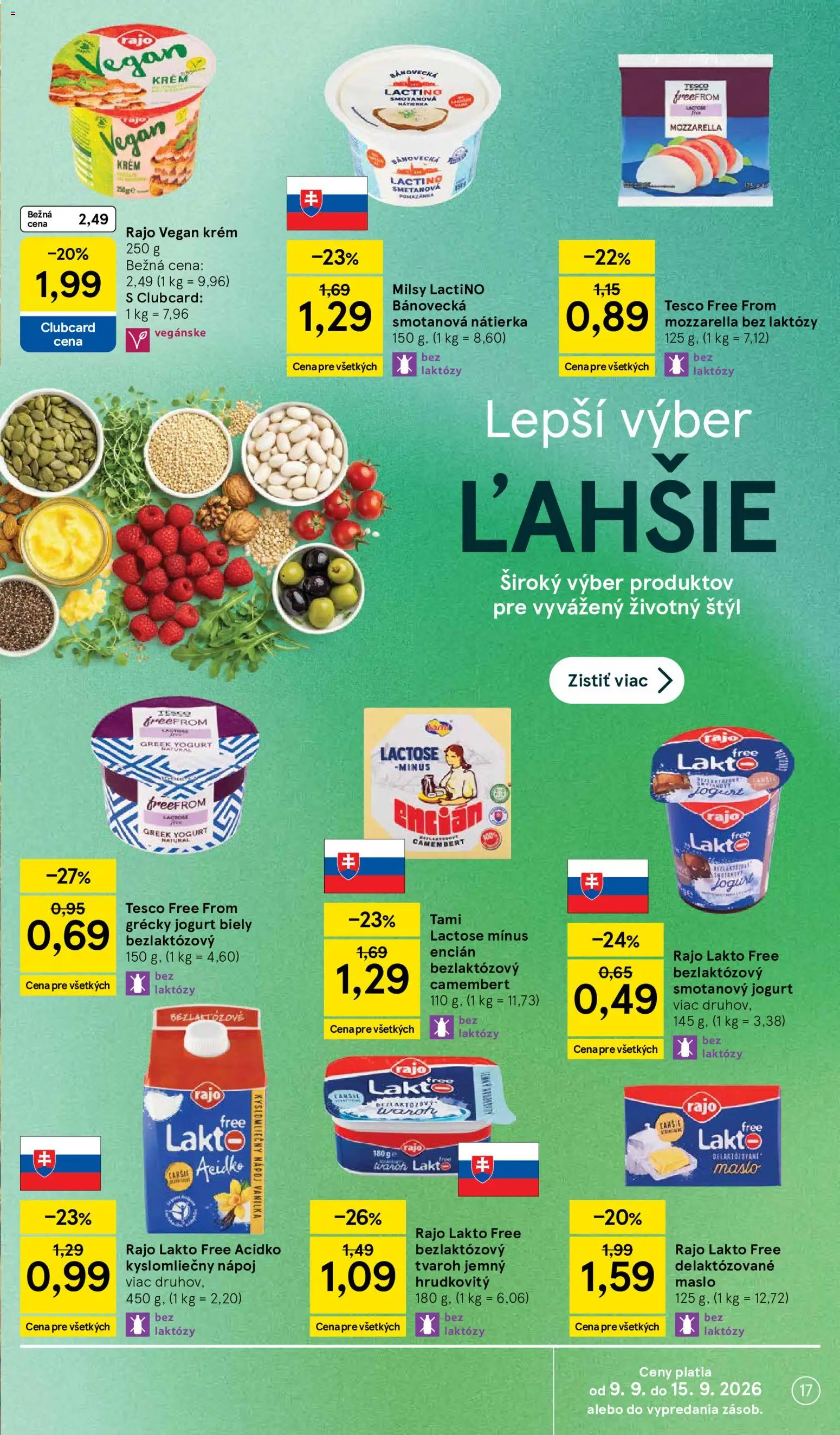 Náhľad Tesco letáku platného od 09.09.2026 - Maslo, Tvaroh, Mozzarella, Jogurt, Grécky jogurt, Encián, Krém, Smotanový jogurt