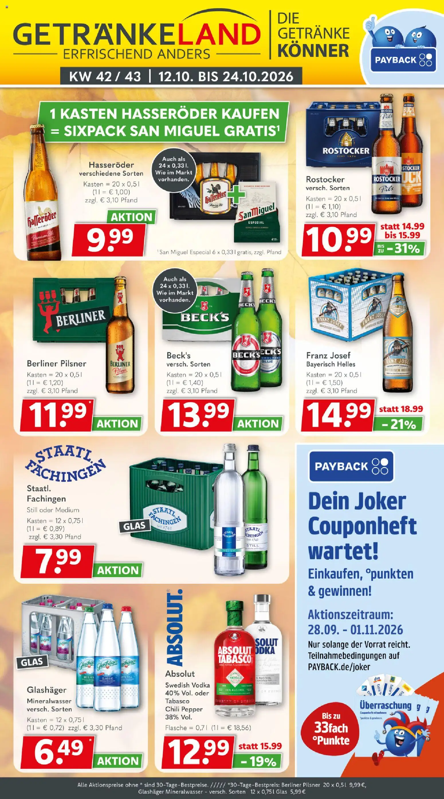 Vorschau von dem Prospekt des Geschäftes Getränkeland, gültig ab dem 12.10.2026 - Mineralwasser, Berliner, Vodka, Chili, Hasseröder, Pils, Berliner pilsner