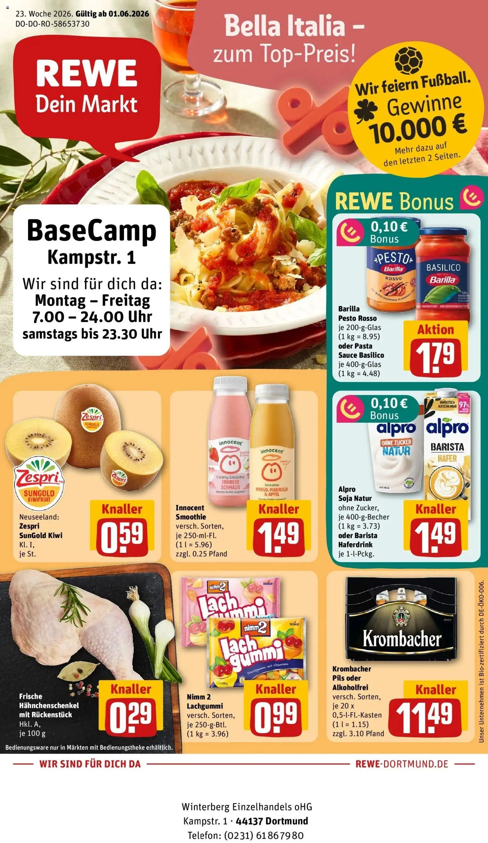 Vorschau von dem Prospekt des Geschäftes Rewe, gültig ab dem 01.06.2026 - Uhr, Telefon, Äpfel, Kiwi, Zucker, Hahnchenschenkel, Barilla, Barilla pesto