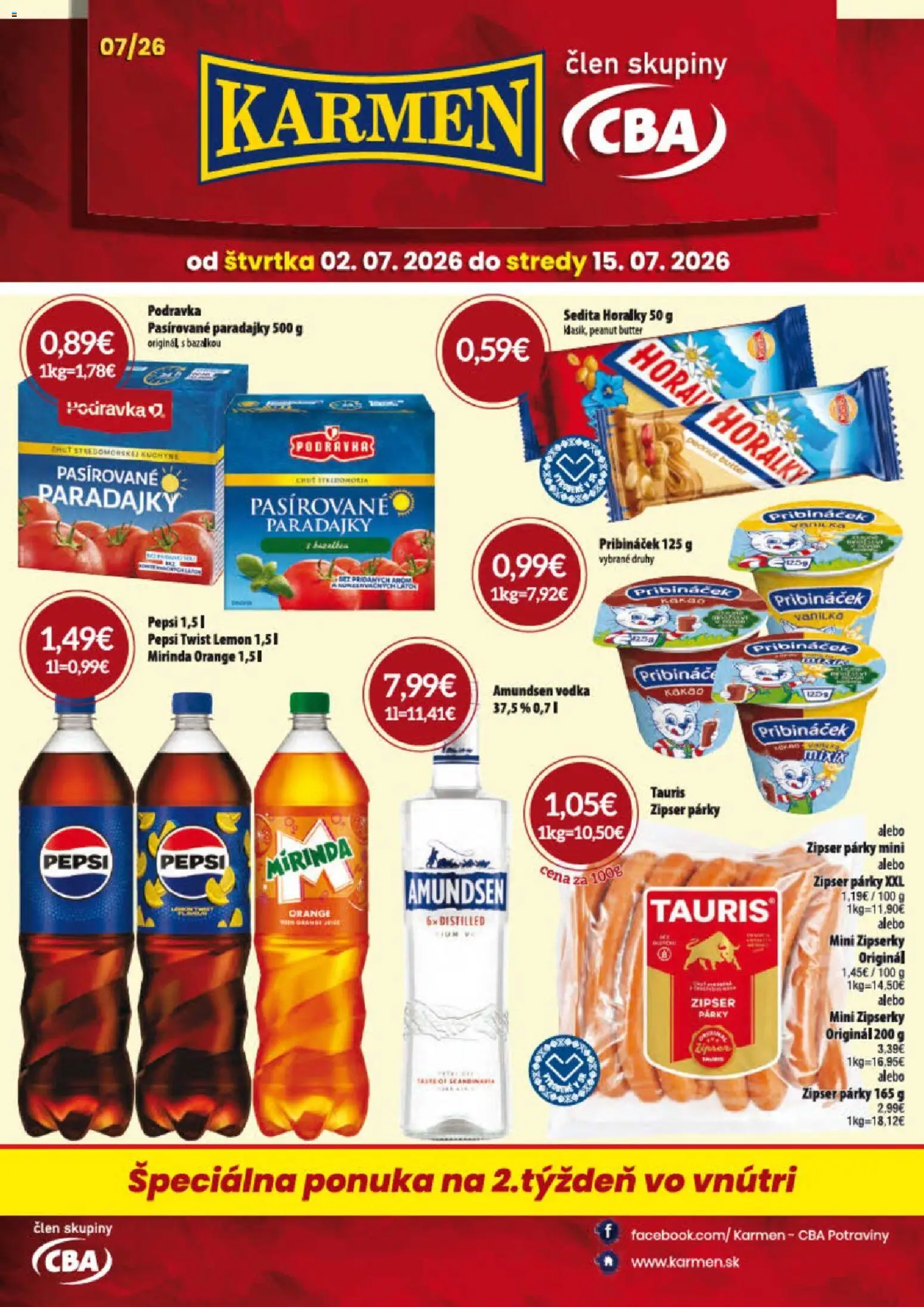 Náhľad KARMEN CBA letáku platného od 02.07.2026 - Kuchyne, Vodka, Paradajky, Pepsi, Amundsen vodka, Vanilka, Mirinda, Horálky