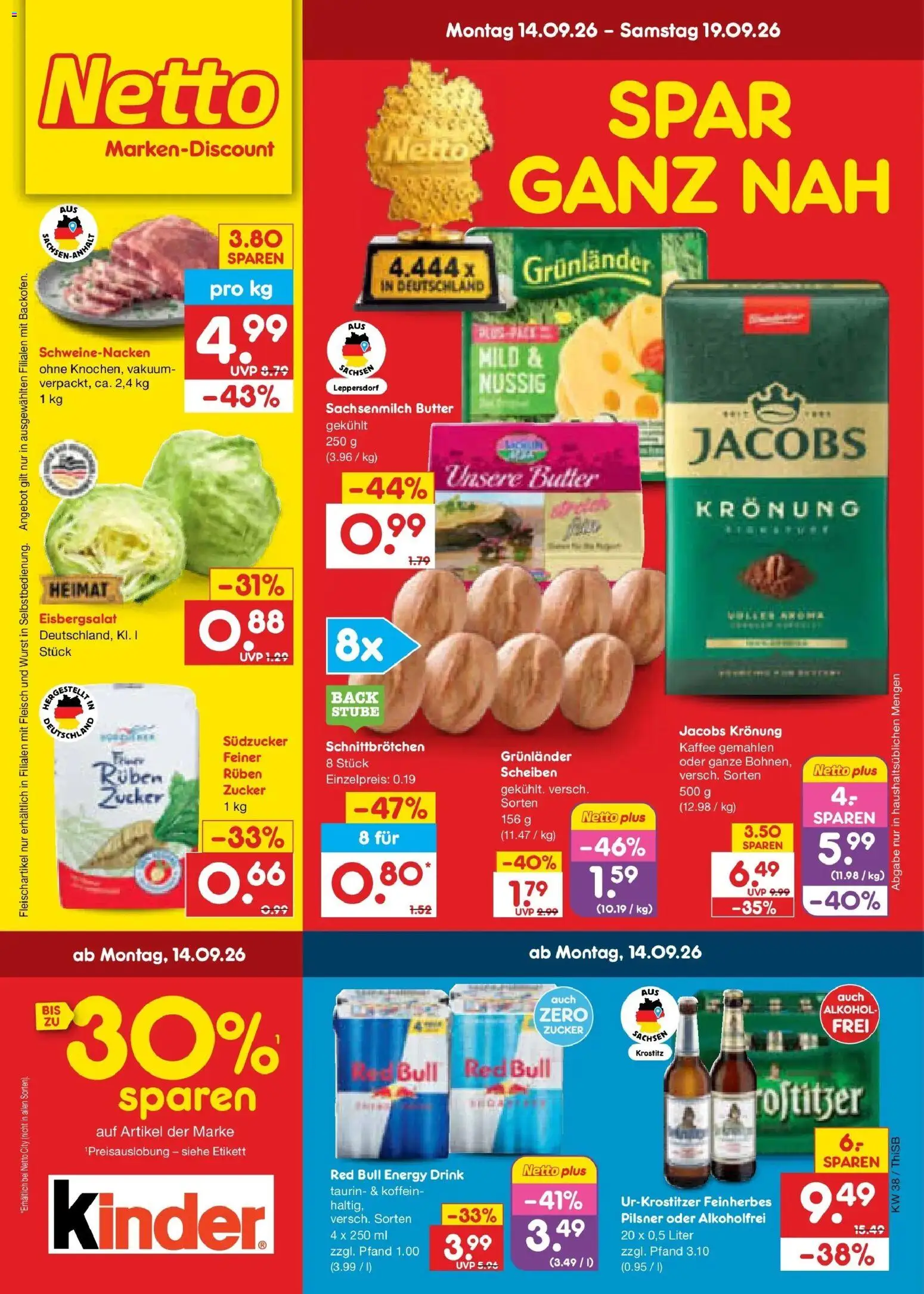 Vorschau von dem Prospekt des Geschäftes Netto Marken-Discount, gültig ab dem 14.09.2026 - Kaffee, Butter, Wurst, Alkohol, Fleisch, Zucker, Energy, Grunlander