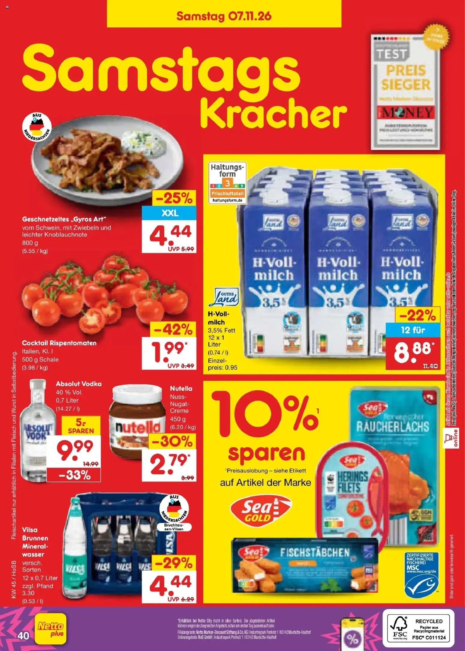Vorschau von dem Prospekt des Geschäftes Netto Marken-Discount, gültig ab dem 02.11.2026 - Bilder, Wasser, Wurst, Nutella, Milch, Fleisch, Fischstabchen, Milch 3,5%