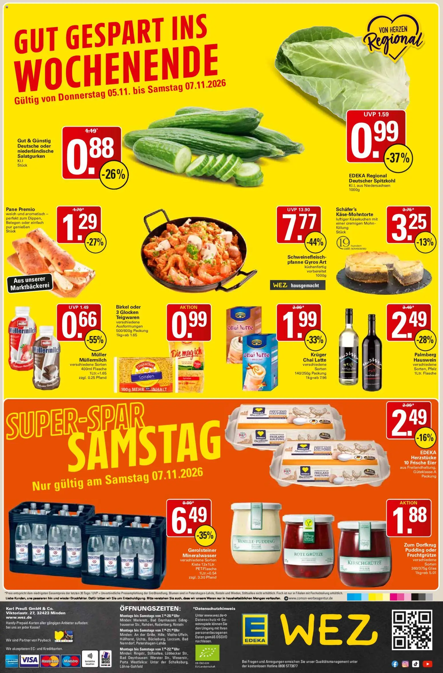 Vorschau von dem Prospekt des Geschäftes WEZ, gültig ab dem 02.11.2026 - Uhr, Bad, Mineralwasser, Gerolsteiner, Eier, Pudding, Schweinefleisch, Pane