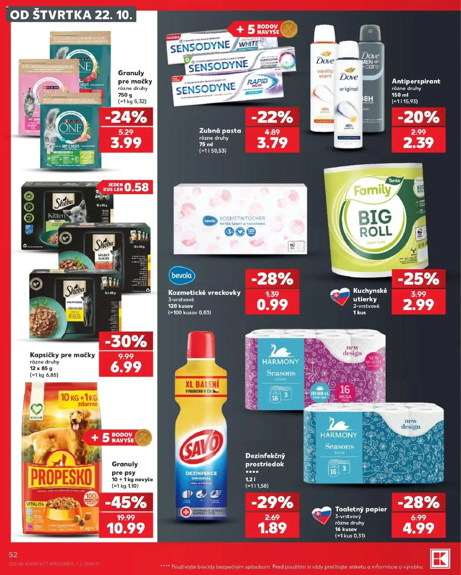 Náhľad Kaufland letáku platného od 22.10.2026 - Voda, Toaletný papier, Savo, Antiperspirant, Kapsičky pre mačky, Zubná pasta, Vreckovky, Kapsičky