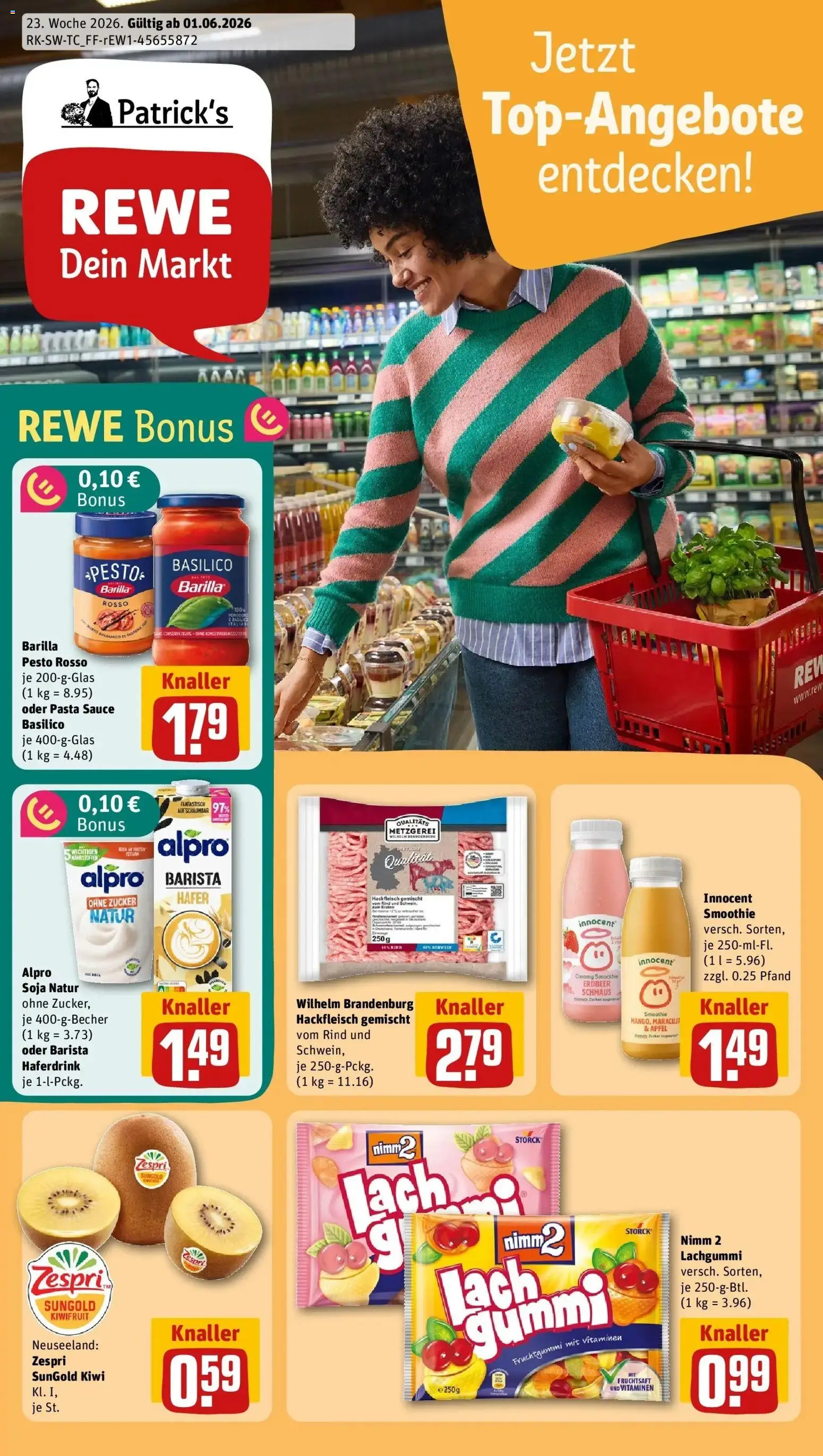 Vorschau von dem Prospekt des Geschäftes Rewe, gültig ab dem 01.06.2026 - Pasta, Äpfel, Kiwi, Hackfleisch, Barilla, Alpro, Haferdrink, Fruchtsaft