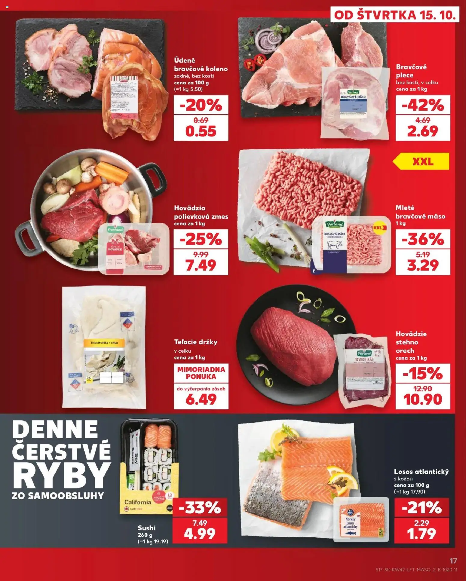 Náhľad Kaufland letáku platného od 15.10.2026 - Mäso, Sushi, Ryby, Losos, Držky, Koleno, Bravčové mäso, Bravčové koleno