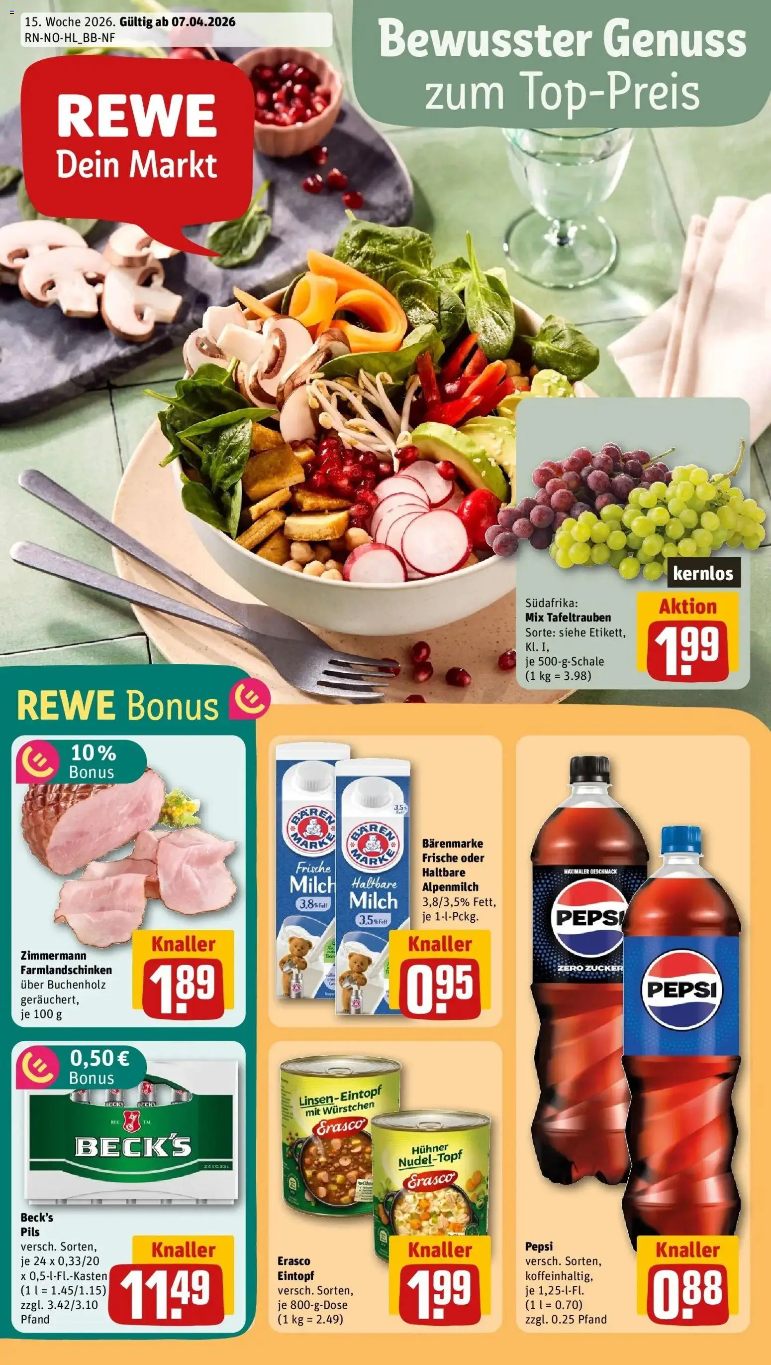 Vorschau von dem Prospekt des Geschäftes Rewe, gültig ab dem 05.04.2026 - Cola, Milch, Zucker, Pepsi, Pils, Erasco