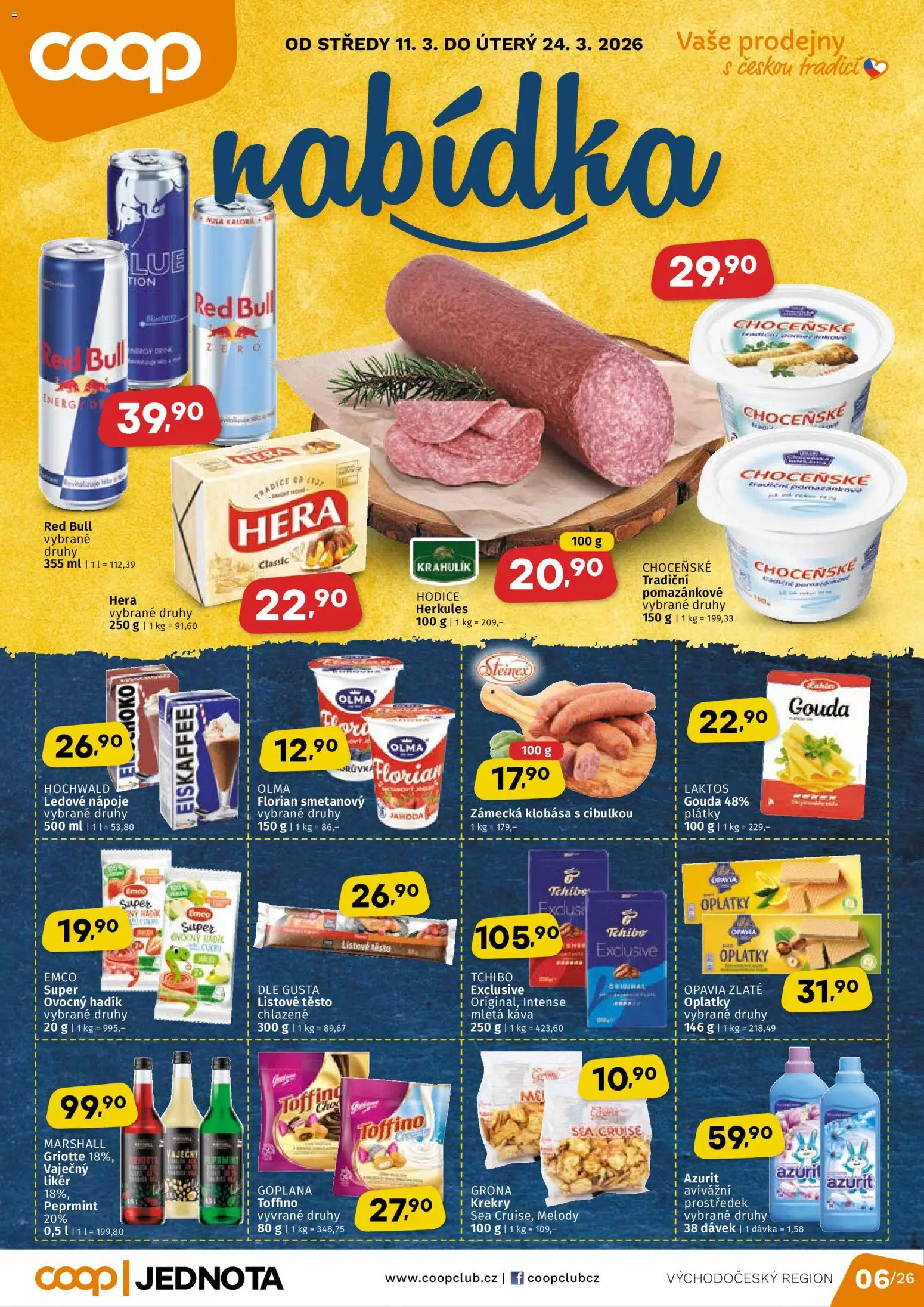 Náhled nabídky: Coop Coop leták - Východočeský region platný od 11.03.2026 - Káva, Red Bull, Vaječný Likér, Gouda, Krekry, Těsto, Eiskaffee, Likér