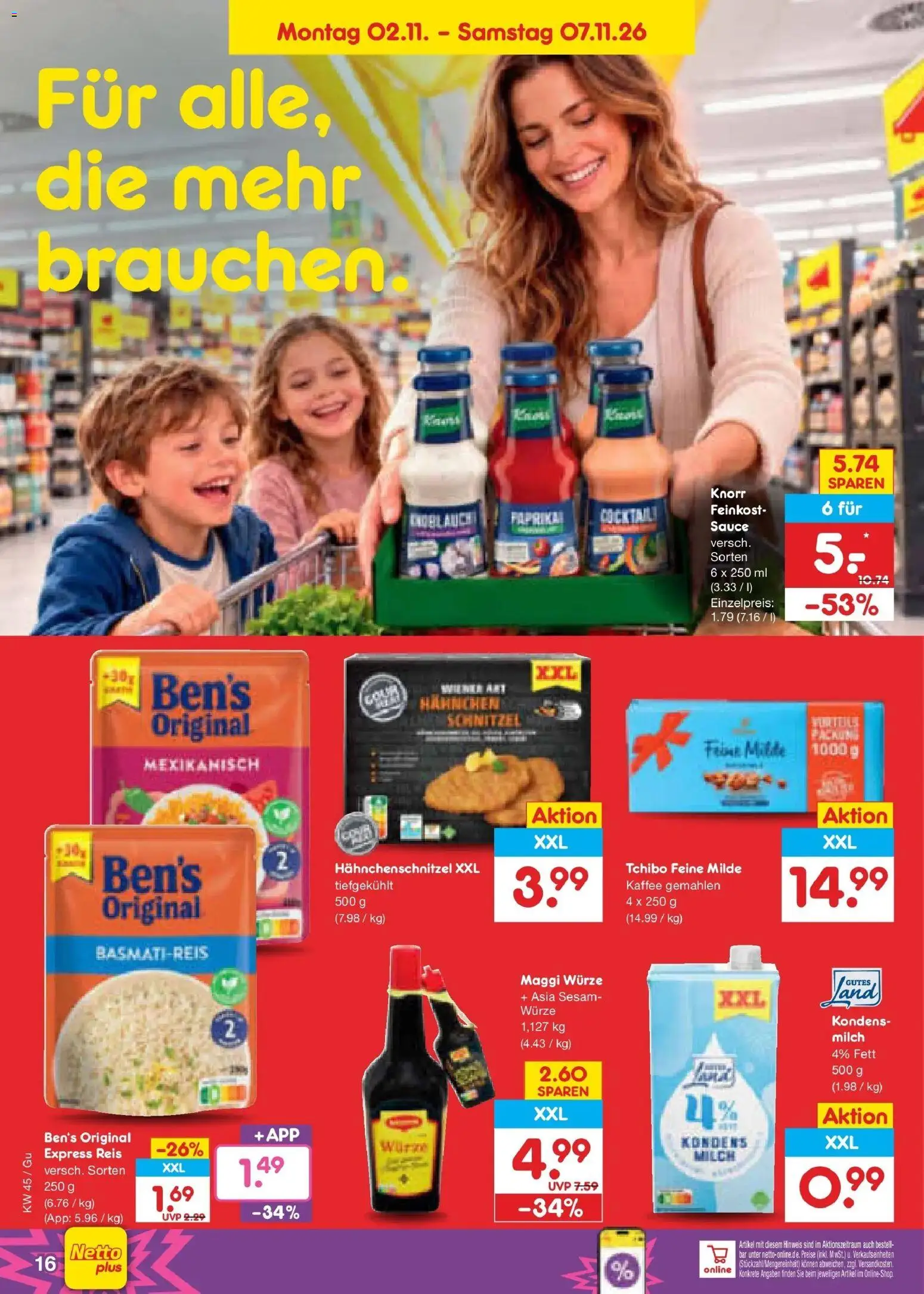 Vorschau von dem Prospekt des Geschäftes Netto Marken-Discount, gültig ab dem 02.11.2026 - Kaffee, Schnitzel, Maggi, Milch, Reis, Basmatireis, Knorr, Hahnchen