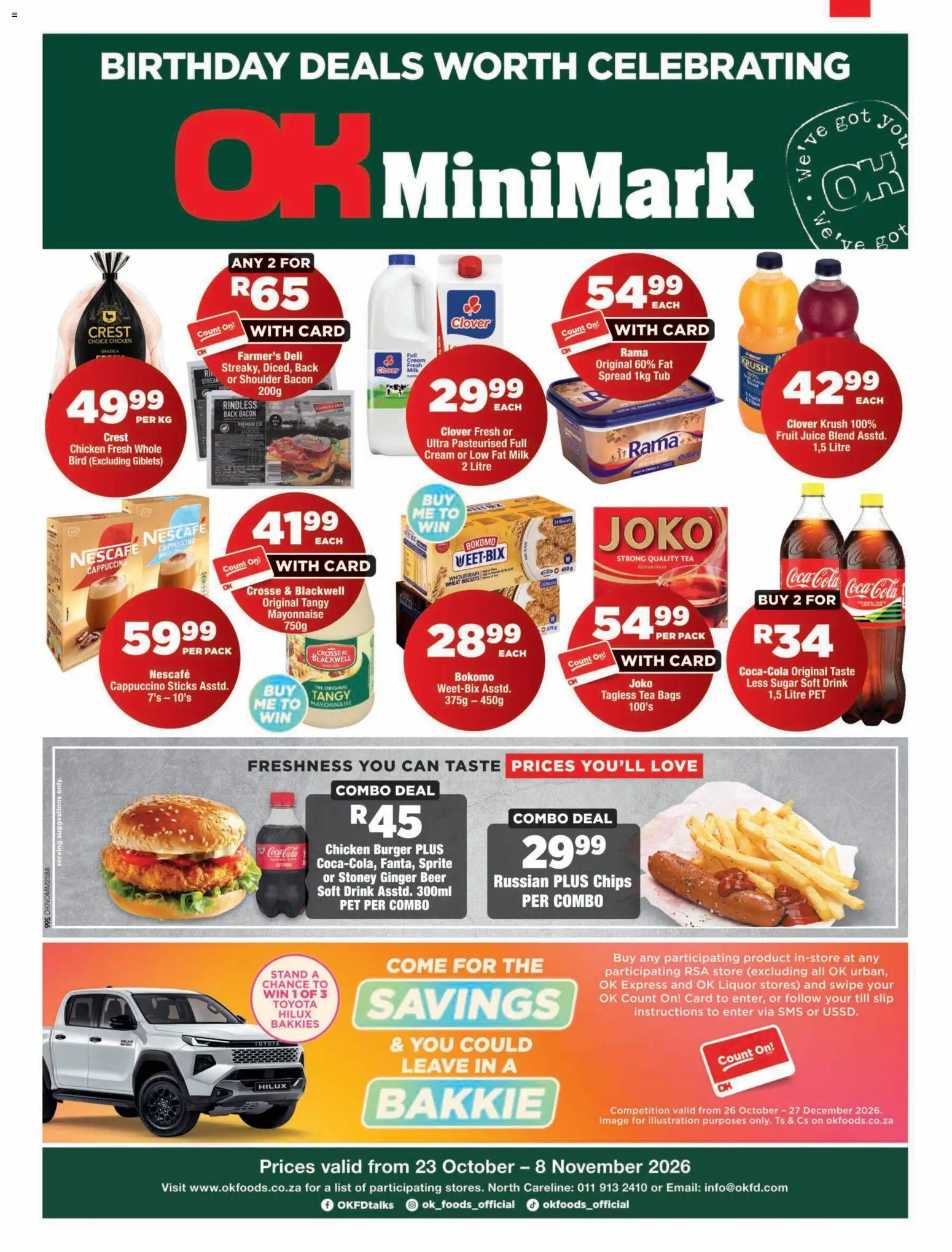 Preview of OK Foods flyer valid from 23/10/2026 - Chicken, Fruit, Milk, Chips, Beer, Sprite, Bacon, Spread