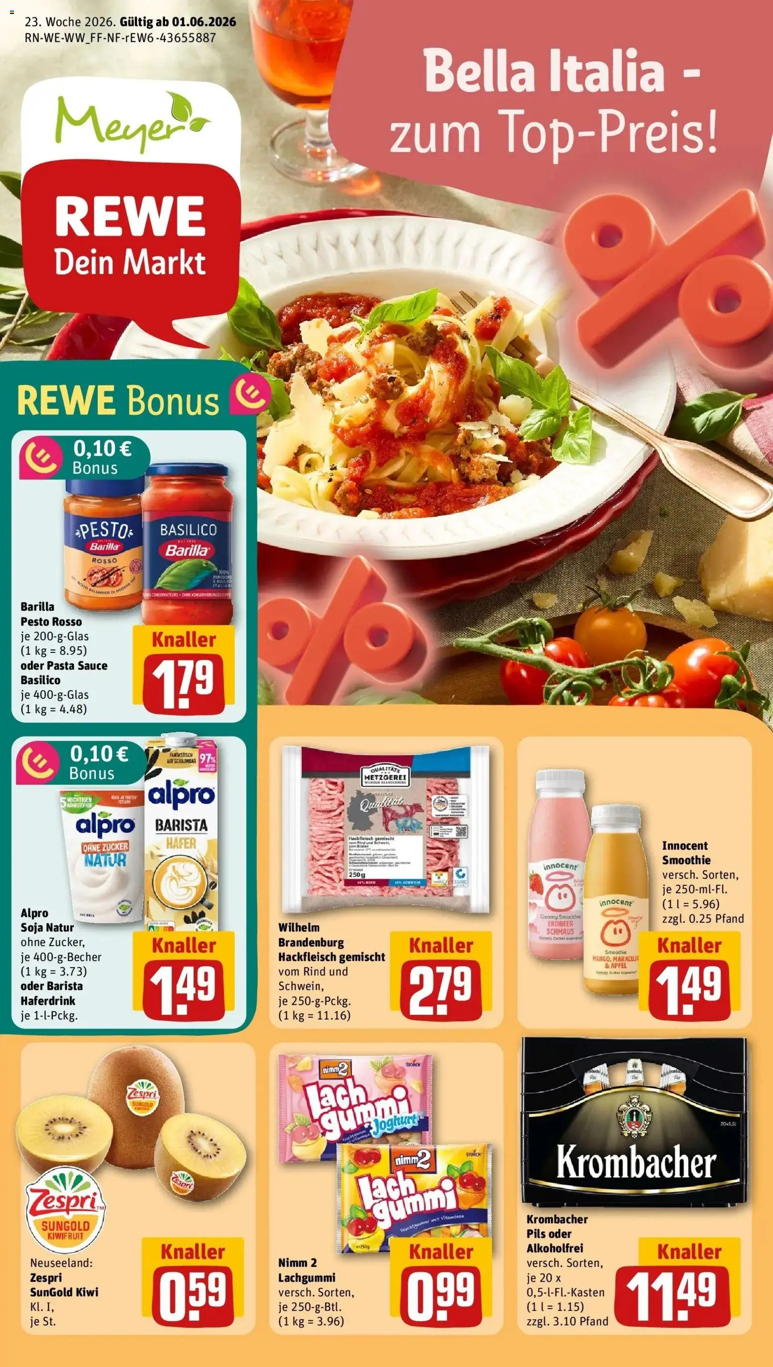 Vorschau von dem Prospekt des Geschäftes Rewe, gültig ab dem 01.06.2026 - Äpfel, Joghurt, Krombacher, Zucker, Barilla, Barilla pesto, Alpro, Pils