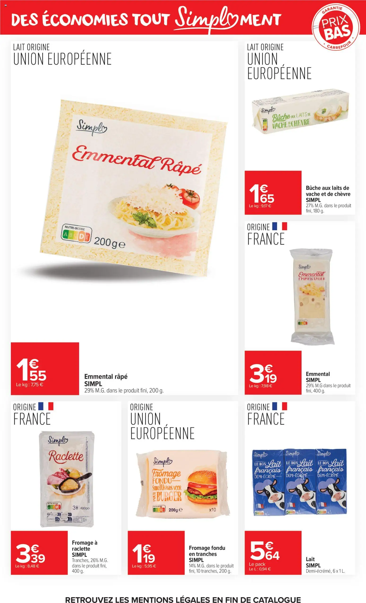 Prévisualisation de Carrefour Market Premier prix simpl du magasin Carrefour Market formulaire valide 03/11/2026 - Burger, Raclette, Fromage, Lait, Emmental, Fromage à raclette, Fromage fondu, Râpe