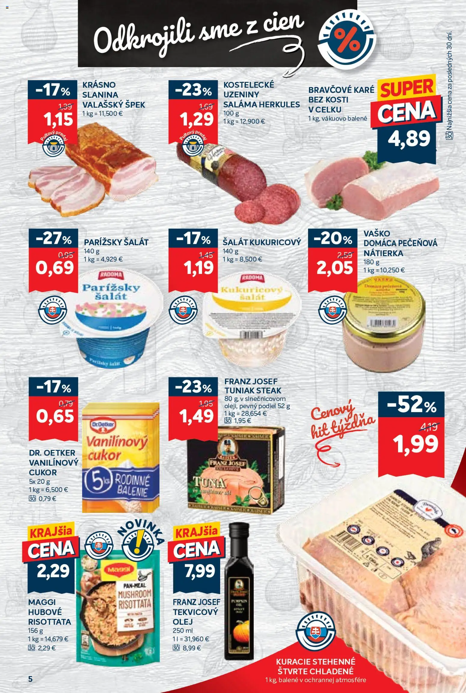 Náhľad Kraj letáku platného od 08.10.2026 - Steak, Bravčové karé, Olej, Tuniak, Slanina, Nátierka, Saláma, Tuniak steak