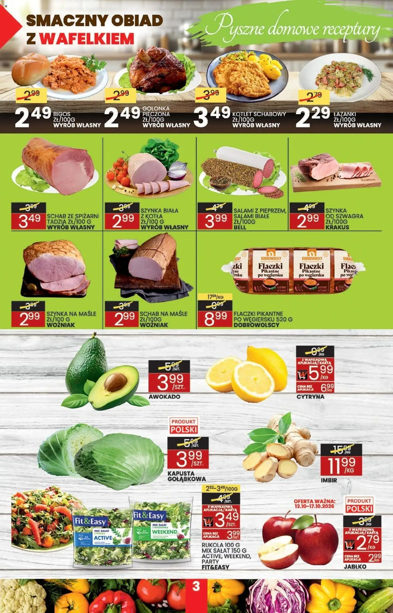 Pogląd gazetki "Wafelek gazetka" ze sklepu Wafelek ważnej od 05.10.2026 - Awokado, Golonka, Rukola, Schab, Schabowy, Golonka pieczona, Kotlet, Salami