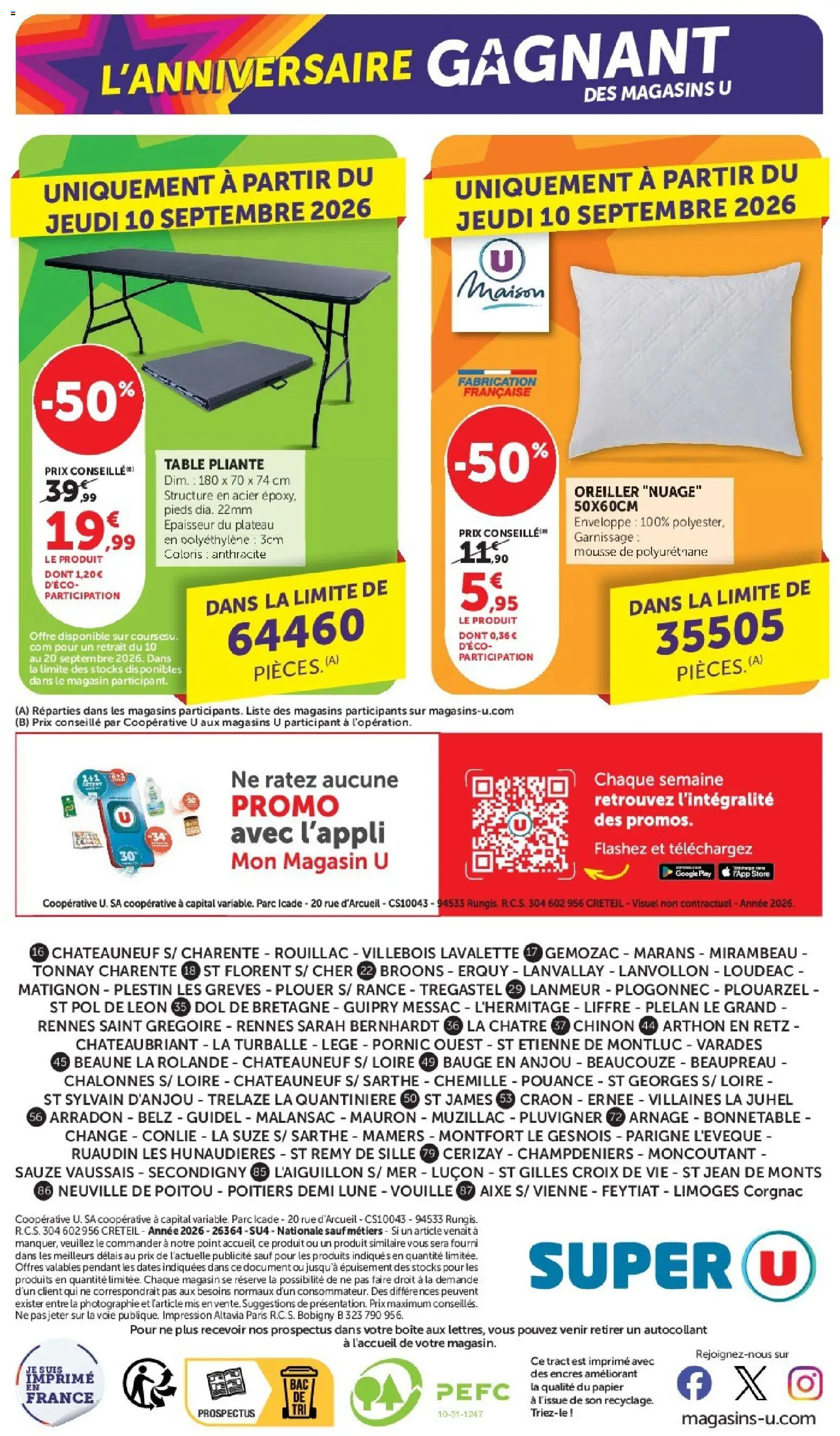 Prévisualisation de Super U catalogue du magasin Super U formulaire valide 08/09/2026 - Store, Jean, Table pliante, Impression, Table, Enveloppe, Mousse, Plateau