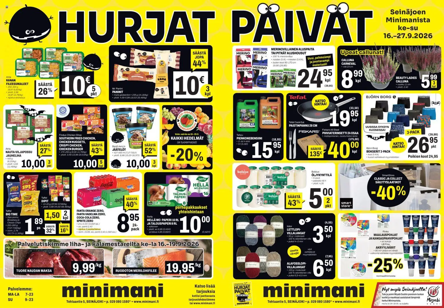 Kaupan Minimani Minimani Seinäjoki esikatselu, voimassa 16/09/2026 - Coca cola, Vadelma, Kinkku, Liha, Sprite, Alushousut, Bokserit, Säilytyslaatikot