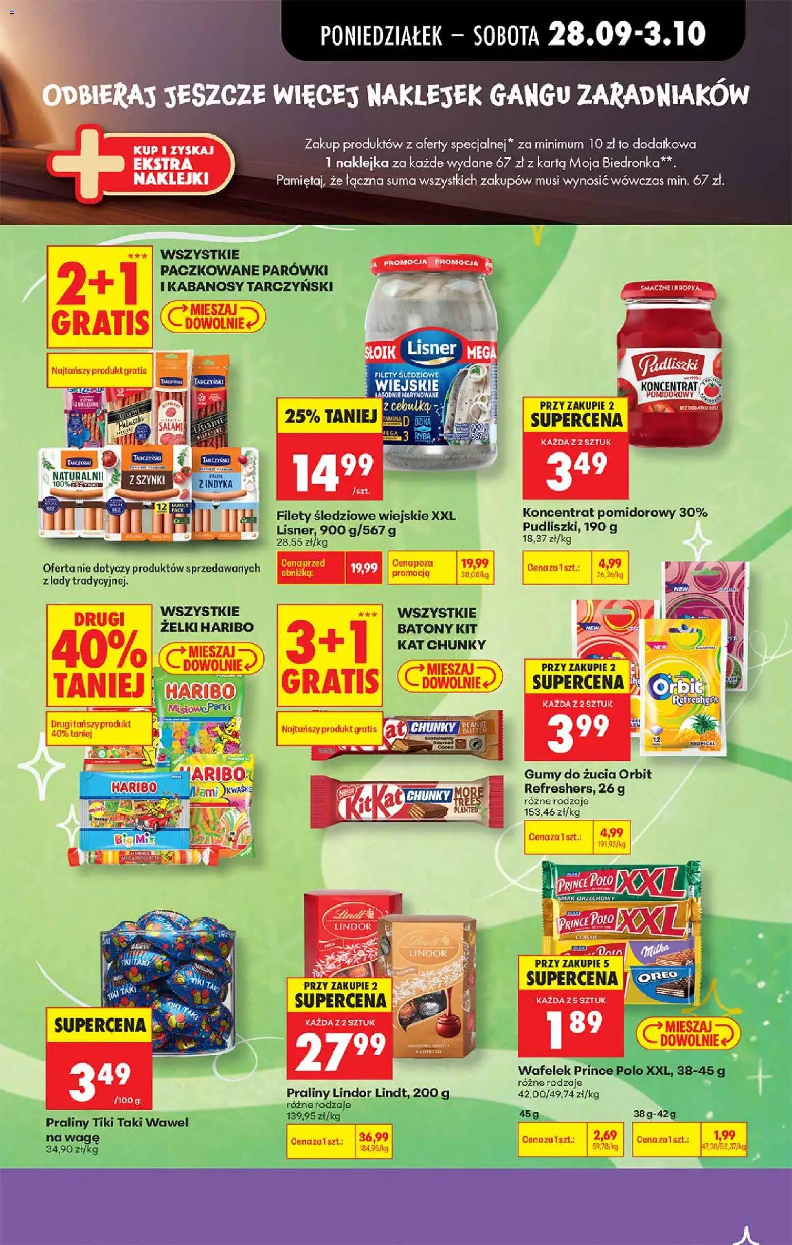 Pogląd gazetki "Biedronka gazetka - Gang zaradniaków" ze sklepu Biedronka ważnej od 28.09.2026 - Lindt, Karta, Paluszki, Koncentrat pomidorowy, Parówki, Gumy do żucia, Gumy, Wafelki