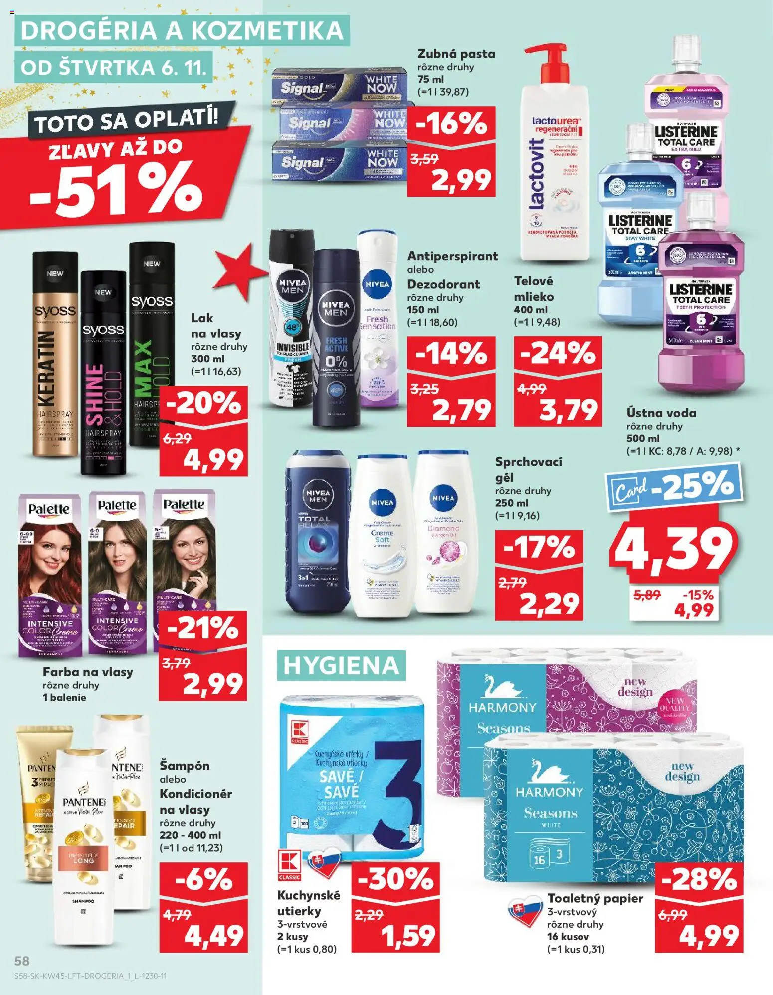 Náhľad Kaufland letáku platného od 06.11.2025 - Nivea, Toaletný papier, Antiperspirant, Kuchynské utierky, Lak na vlasy, Telové mlieko, Ústna voda, Kondicionér