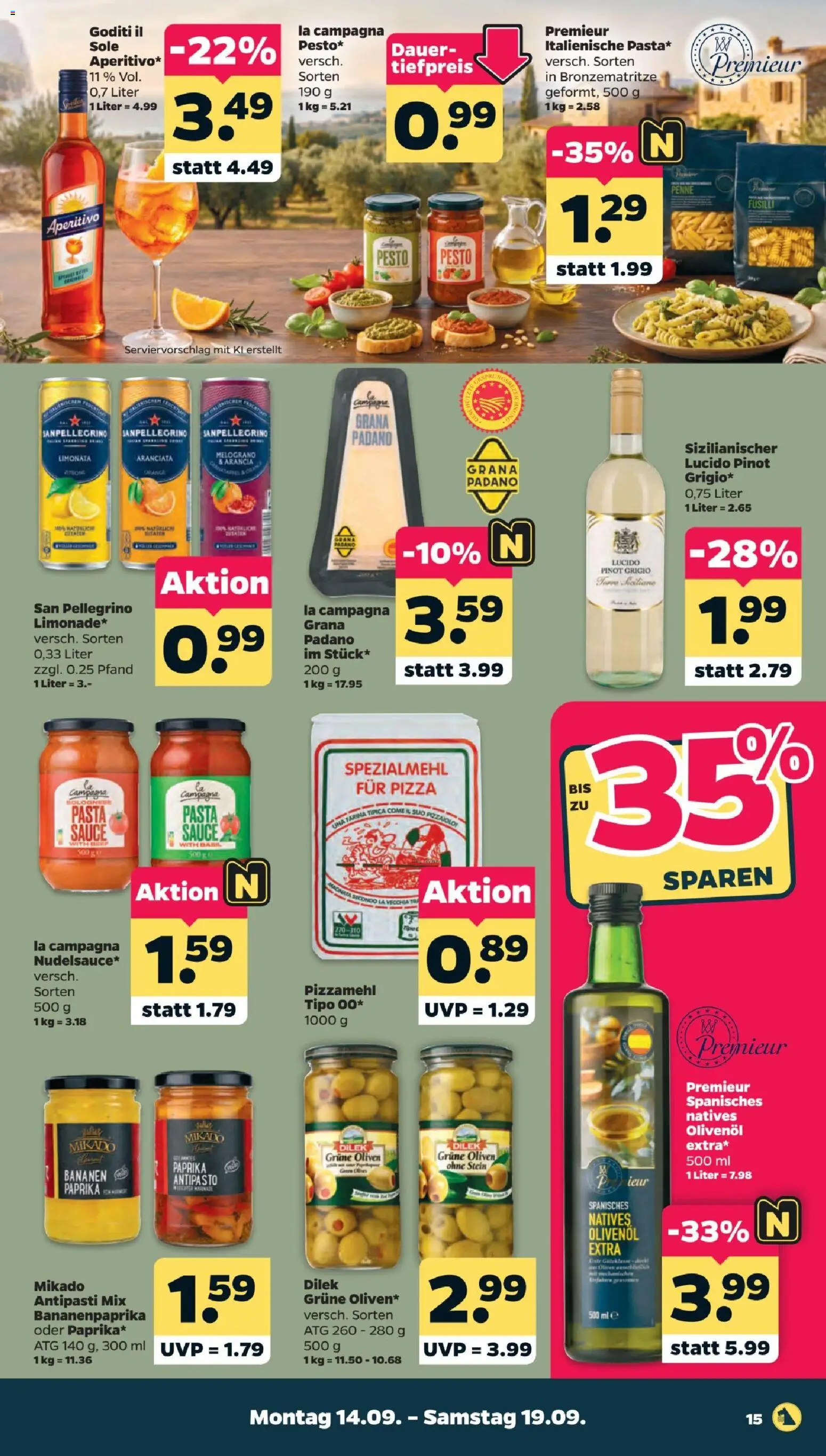 Vorschau von dem Prospekt des Geschäftes Netto, gültig ab dem 14.09.2026 - Pizza, Pasta, Bananen, Paprika, Olivenol