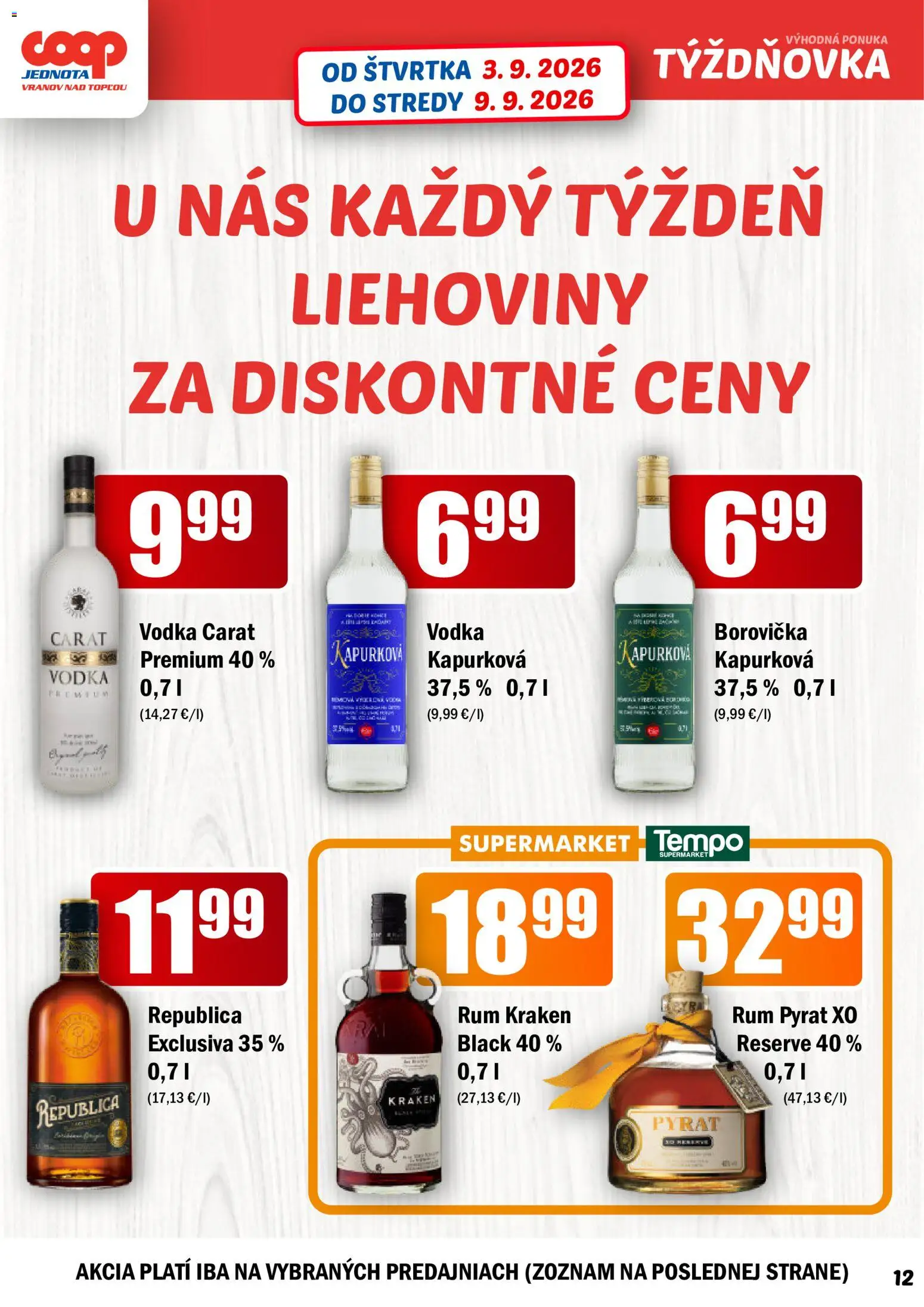 Náhľad COOP Jednota letáku platného od 03.09.2026 - Rum, Vodka, Borovička, Republica, Rum Kraken
