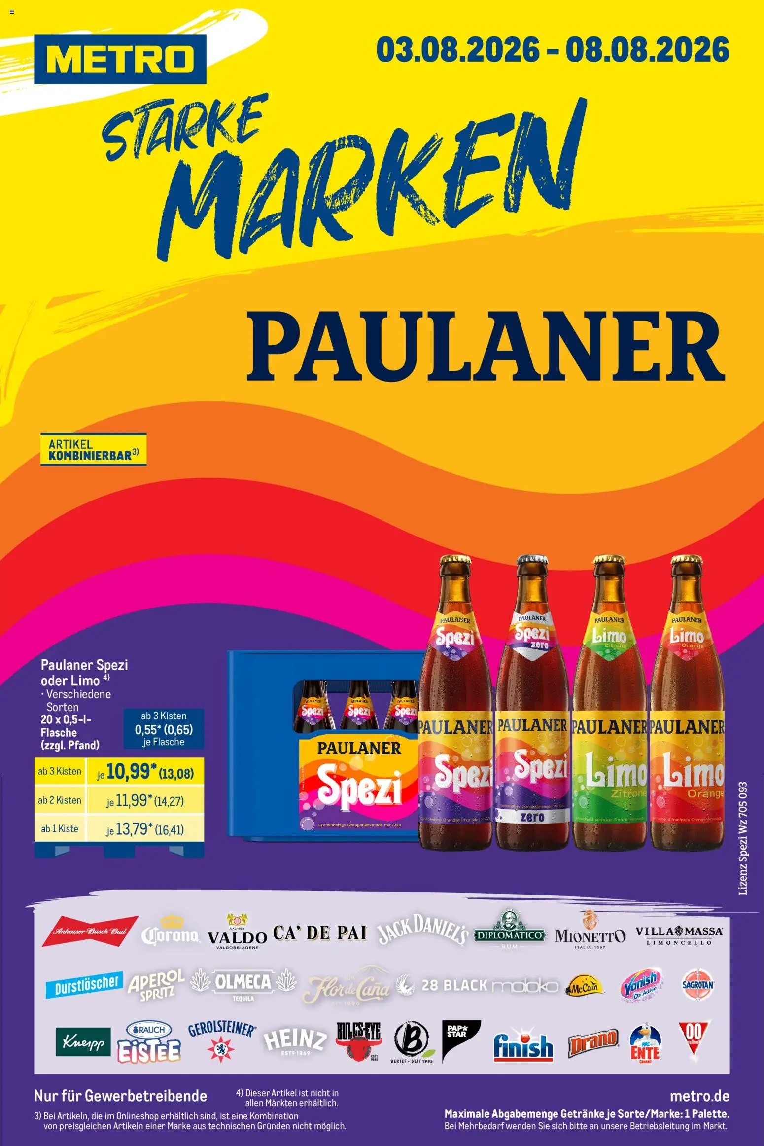 Vorschau von dem Prospekt des Geschäftes Metro, gültig ab dem 03.08.2026 - Aperol, Ente, Tequila, Paulaner spezi, Zitrone, Paulaner, McCain, Jack Daniel's