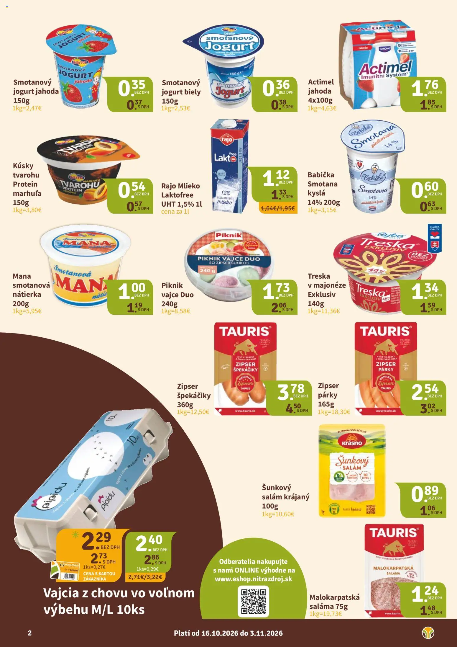 Náhľad Nitrazdroj letáku platného od 16.10.2026 - Protein, Mlieko, Treska, Vajcia, Smotana, Biely jogurt, Špekáčiky, Smotanový jogurt
